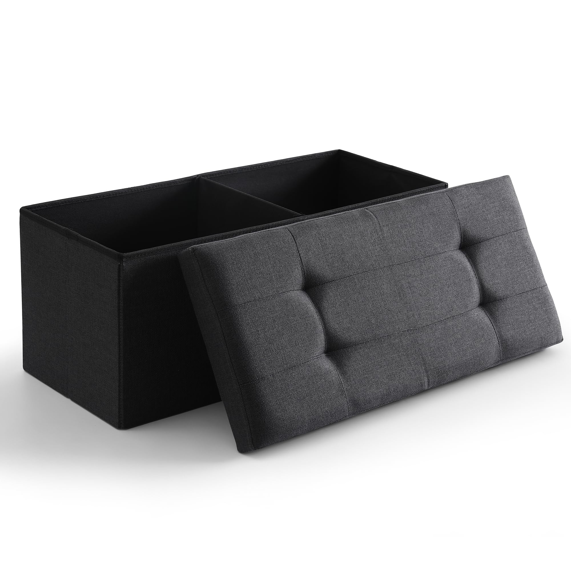 Foldable Storage Ottoman Bench with Flipping Lid - 75L Large Capacity, 30 Inch Linen Fabric Footrest Shoe Bench for Bedroom, Living Room & Entryway - Perfect for Extra Seating, Shoe Storage & Home Organization (Black)