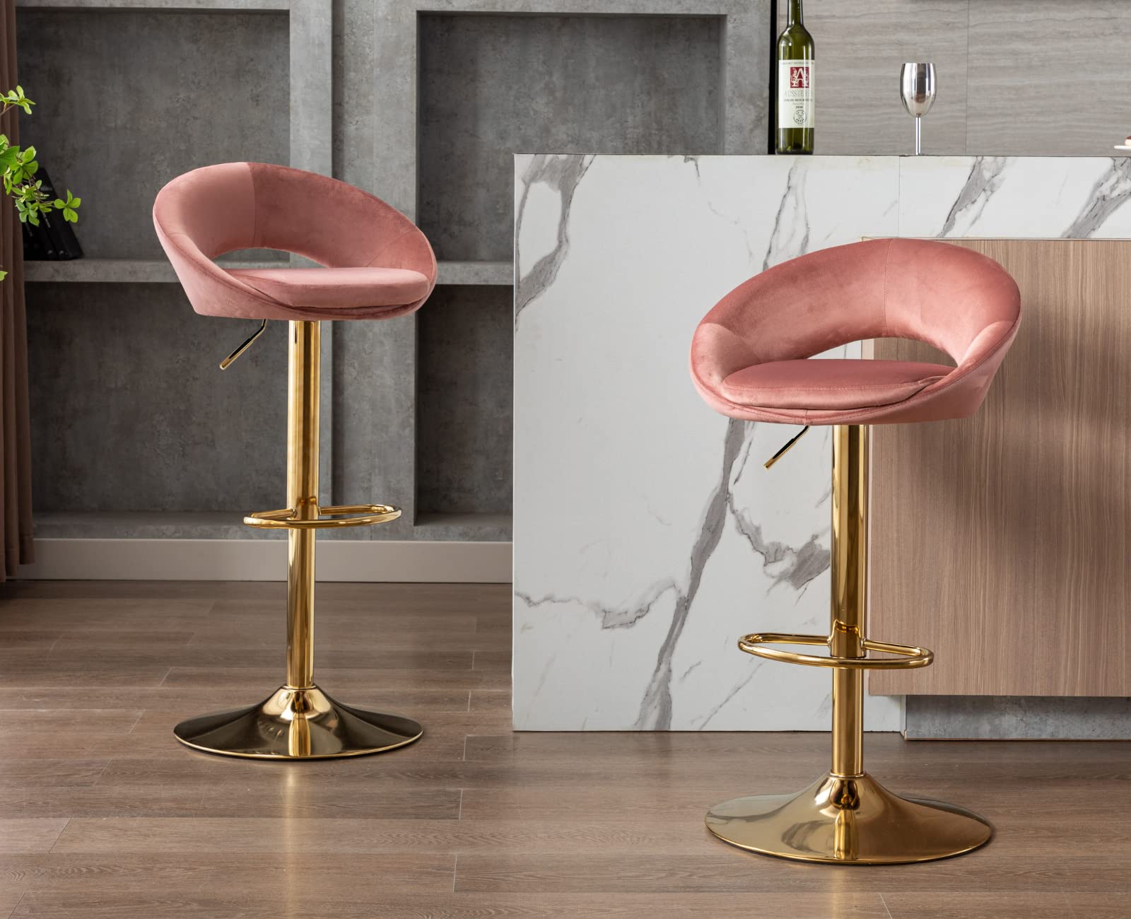 EALSON Modern Swivel Bar Stools Set of 2 - Adjustable Height Low Back Kitchen Island Stools with Gold Base & Velvet Upholstery, Pink - Perfect for Breakfast Bars, Home Bars, and Kitchen Counter Seating
