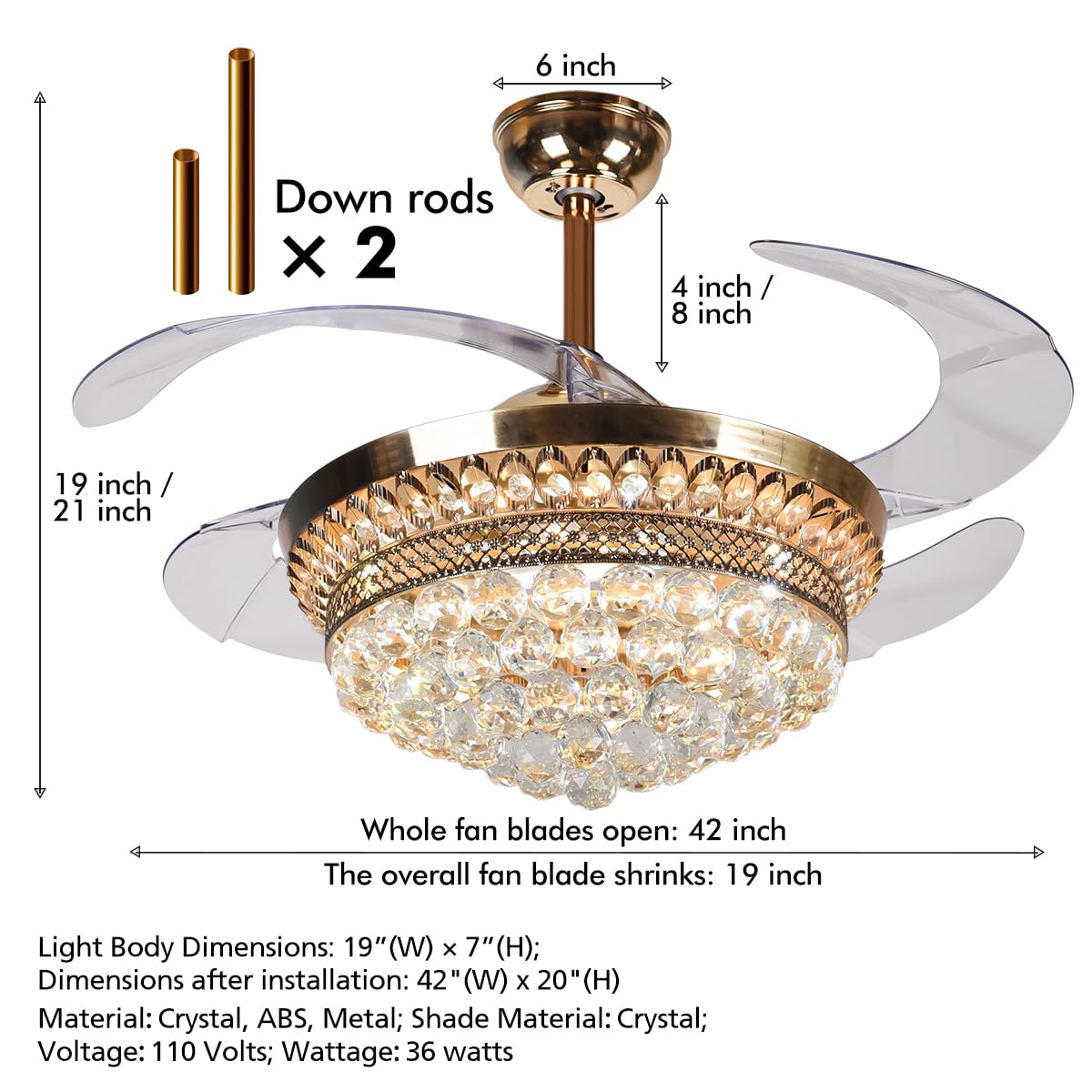 42 Inch Retractable Ceiling Fan with Light - Remote Control, French Gold Finish, Modern Luxury Crystal Chandelier Fan with 3 Adjustable Lights - Perfect for Bedroom, Living Room, and Restaurant Decor