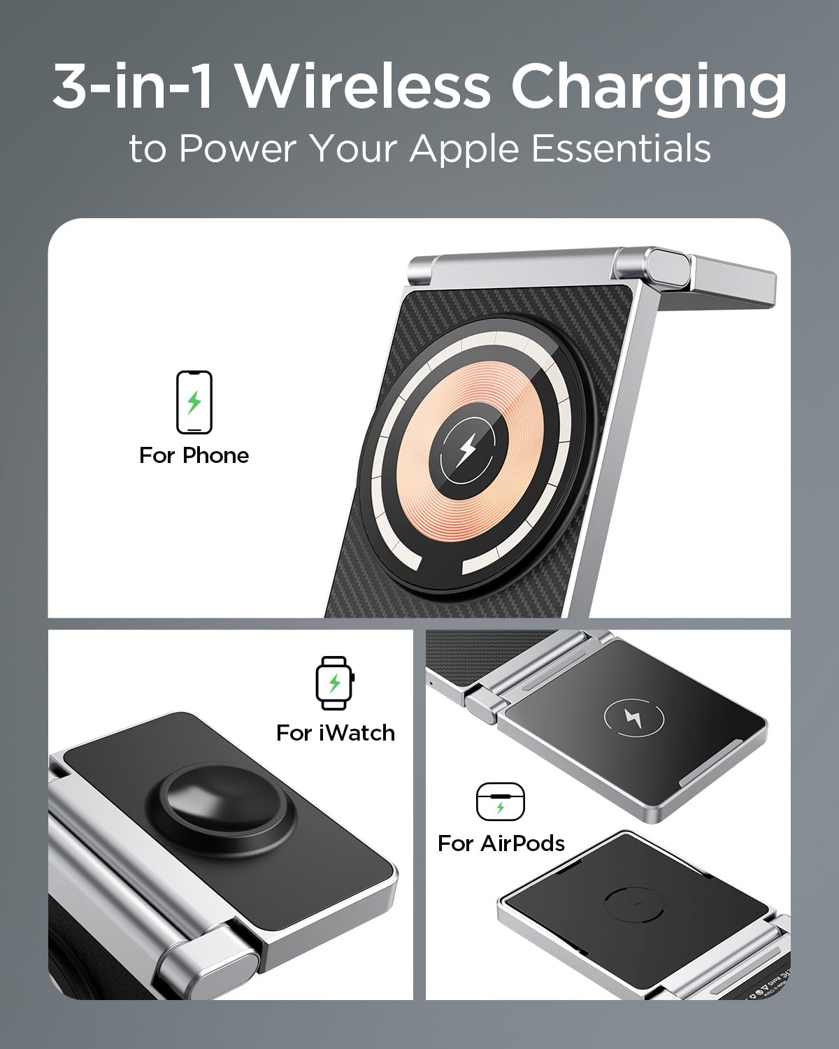 3-in-1 Magnetic Wireless Charging Station - Foldable Zinc Alloy Stand Compatible with iPhone 15/14/13/12 Series, AirPods Pro/3/2, Apple Watch | Fast Charging for Home, Office & Travel | Black
