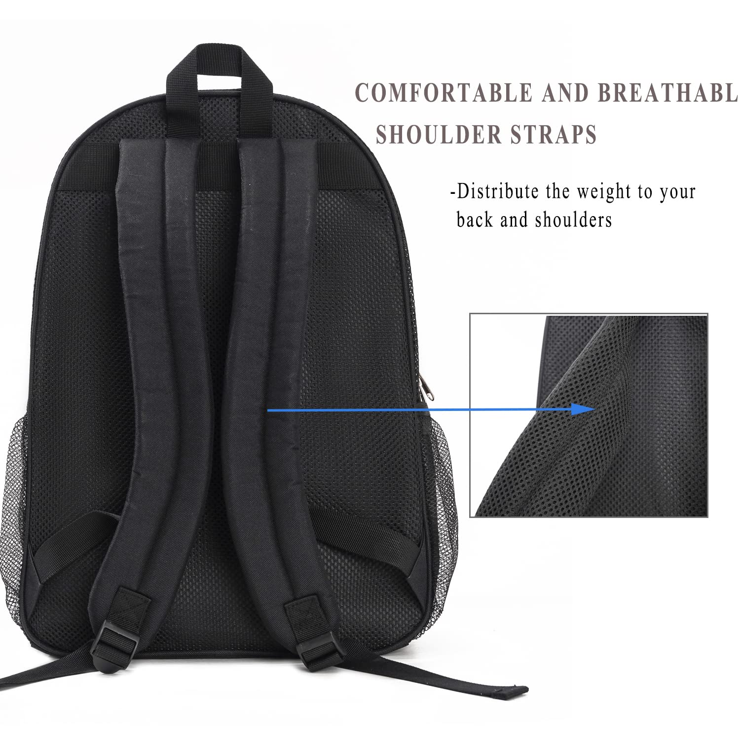 Transparent Mesh Backpack - Heavy Duty See Through Bookbag for School, Gym, Travel & Outdoor Activities | Water-Resistant Net Backpack for Swimming, Beach & Sports (Black)