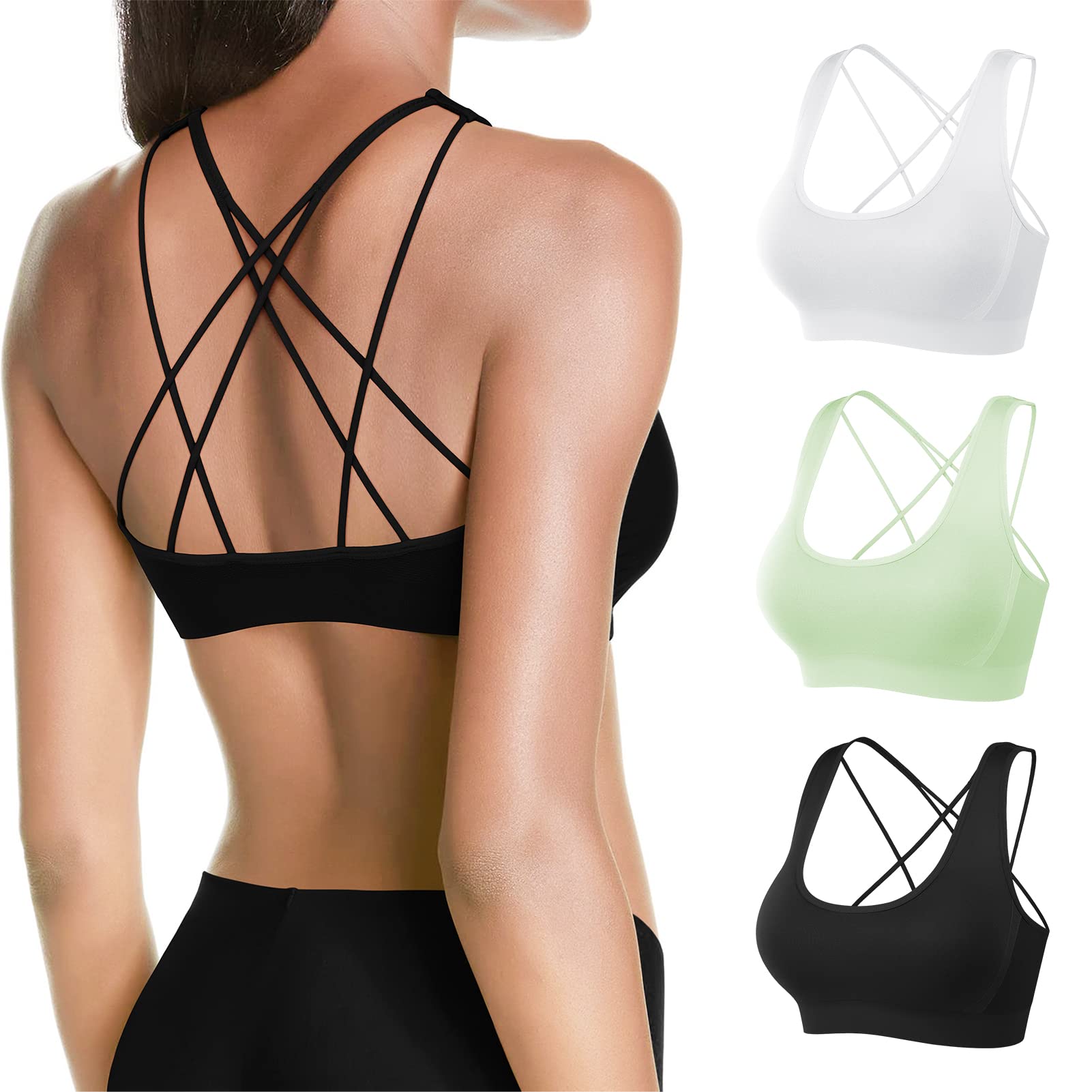 MOVINOW Women's Seamless Padded Sports Bra - Strappy Yoga Bra with Removable Cups for Workout, Running & Gym - Breathable High Support Activewear for Fitness & Daily Wear