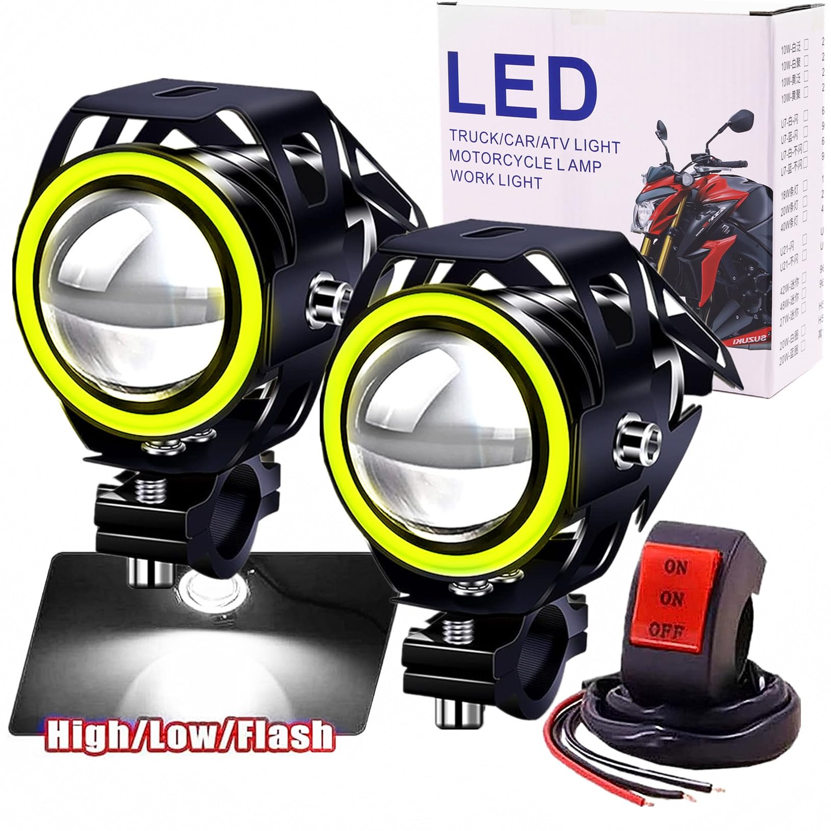 Ourbest U7 LED Motorcycle Fog Lights - White Halo/Strobe Modes for Safe Night Riding