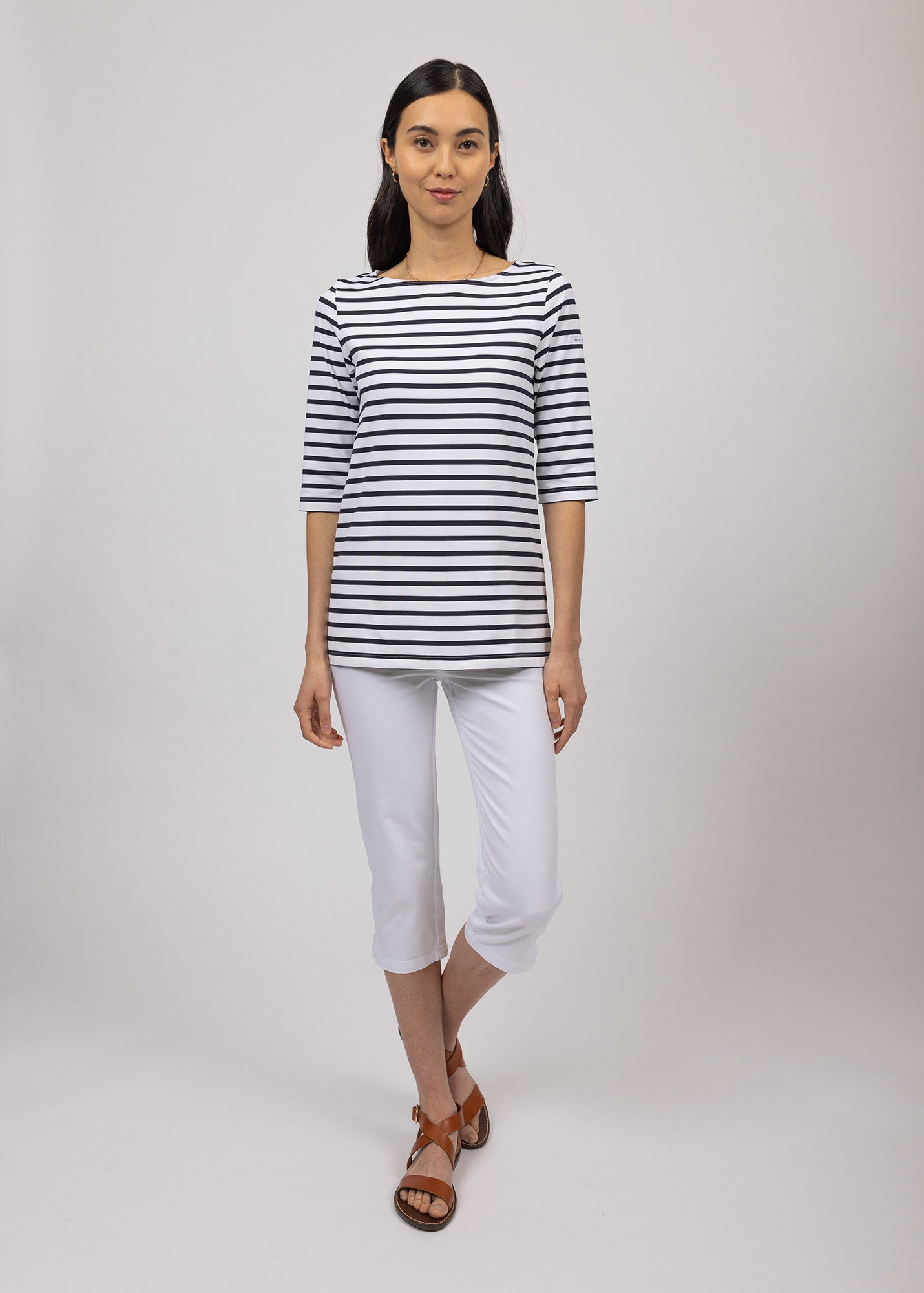 PHARE Women's Striped Boat Neck Tunic Top with Side Slits - Stretchy UV Protection Fabric (White/Navy) - Perfect for Beach Cover-ups, Casual Outfits & Summer Vacations