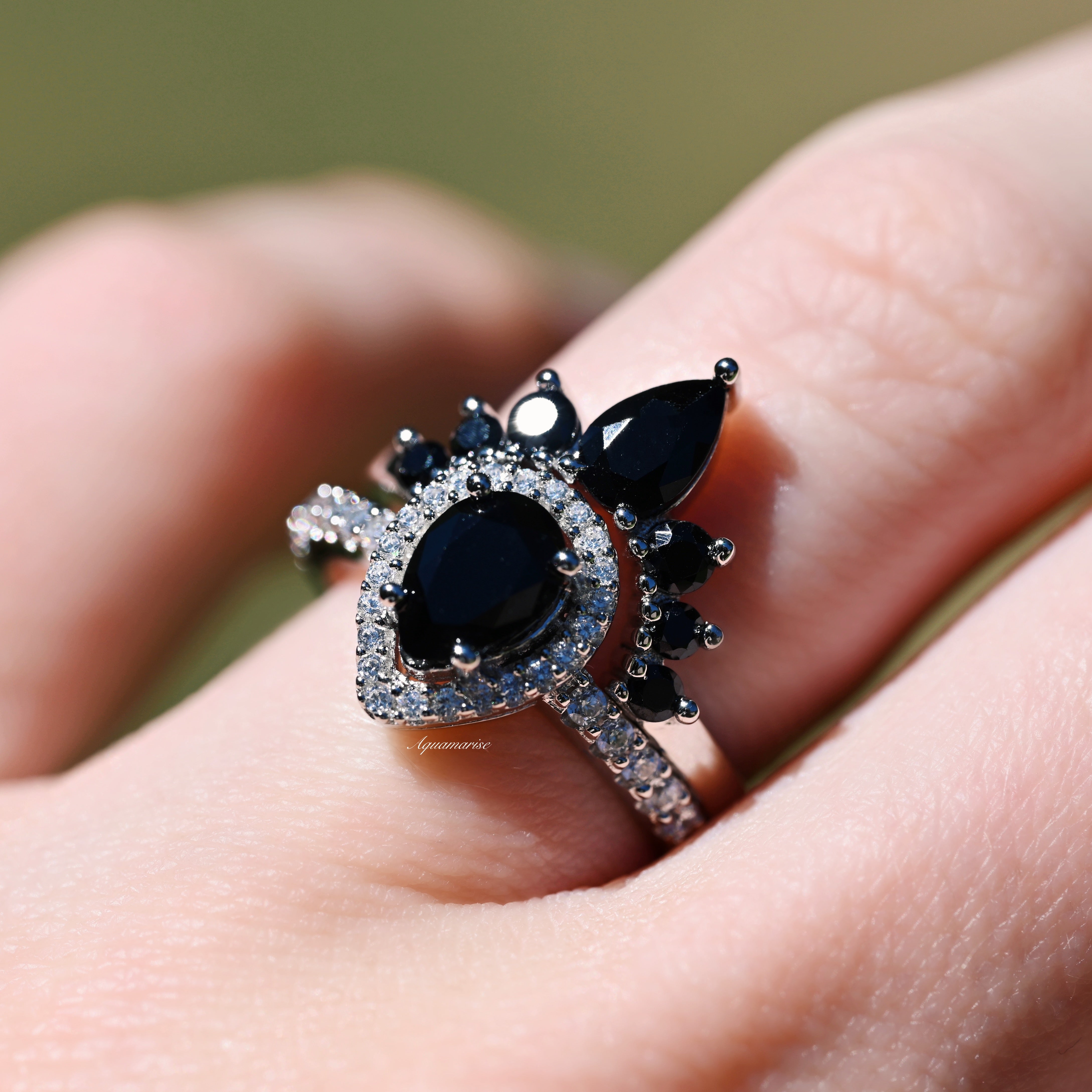 Amy Black Diamond (Onyx) Ring Set - 925 Sterling Silver Women's Jewelry for Wedding, Anniversary & Special Occasions