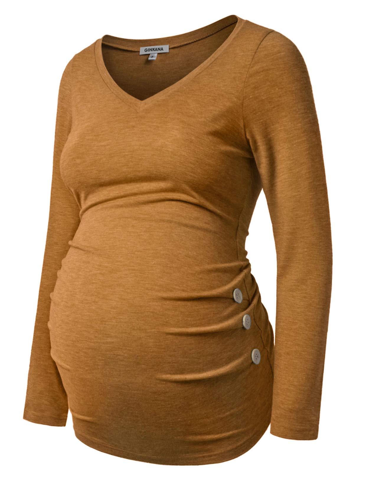 GINKANA Maternity Shirt - Soft Long Sleeve Nursing Top with Ruching & Button Details for Pregnant Women | Comfortable Pregnancy Tee for Work, Casual Wear & Breastfeeding