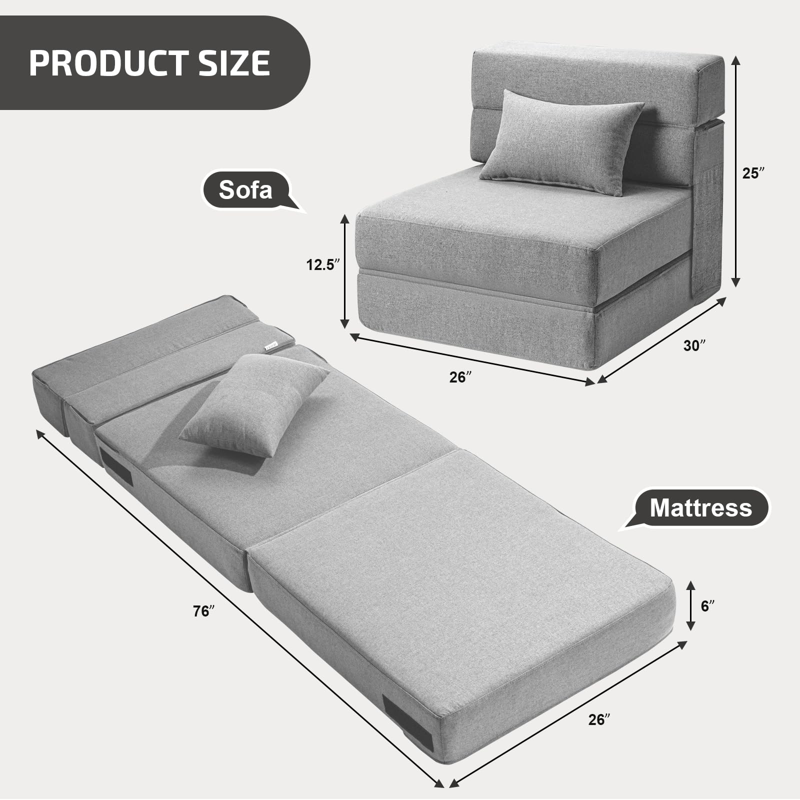 Convertible Folding Sofa Bed with Memory Foam Mattress & Pillow - Multi-Functional Sleeper Chair for Living Room, Dorm, Guest Room, Home Office - Light Gray - Perfect for Small Spaces, Overnight Guests & Studio Apartments