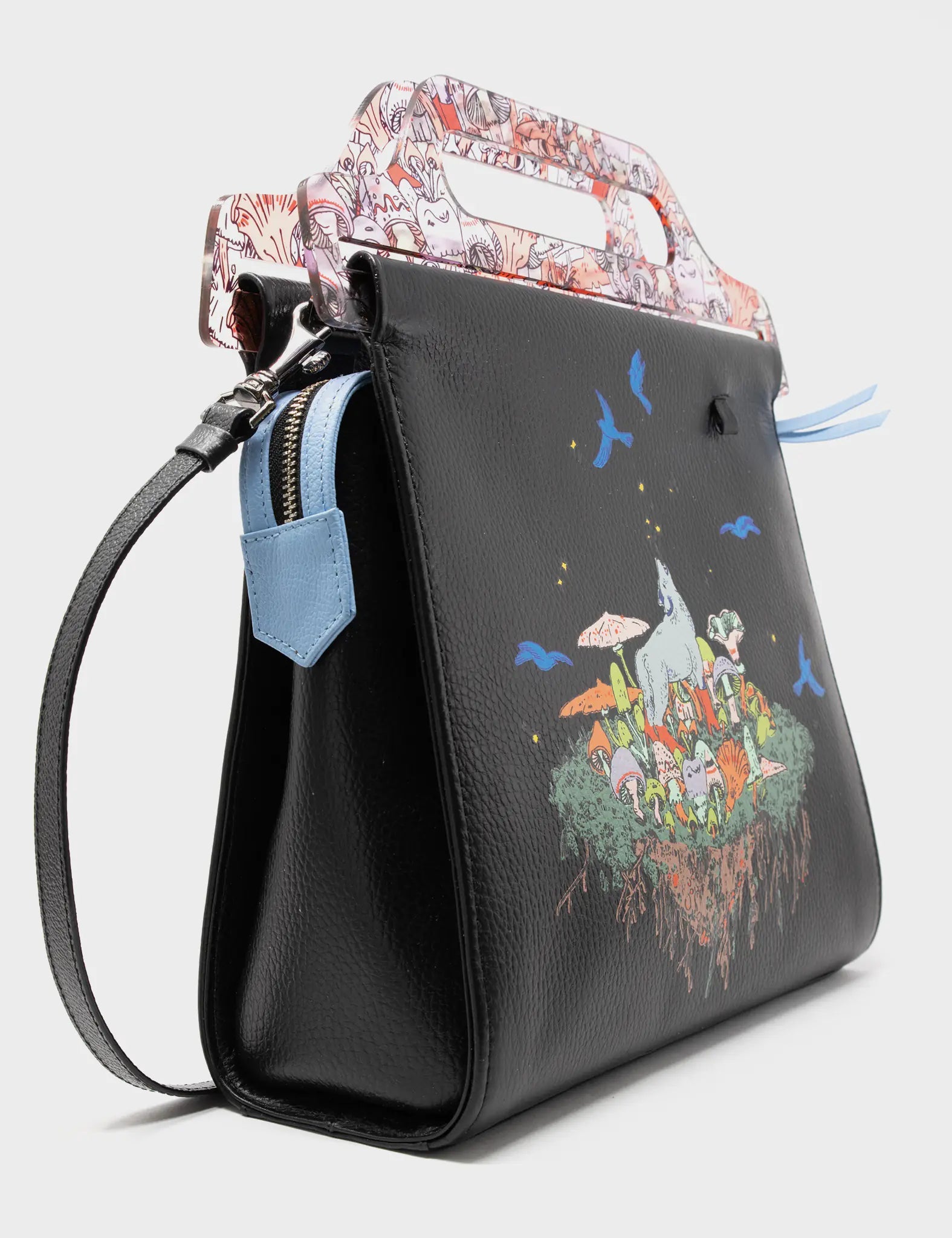 Stylish Manuel Black Leather Crossbody Handbag with Woodlands Print - Perfect for Travel, Shopping & Everyday Use
