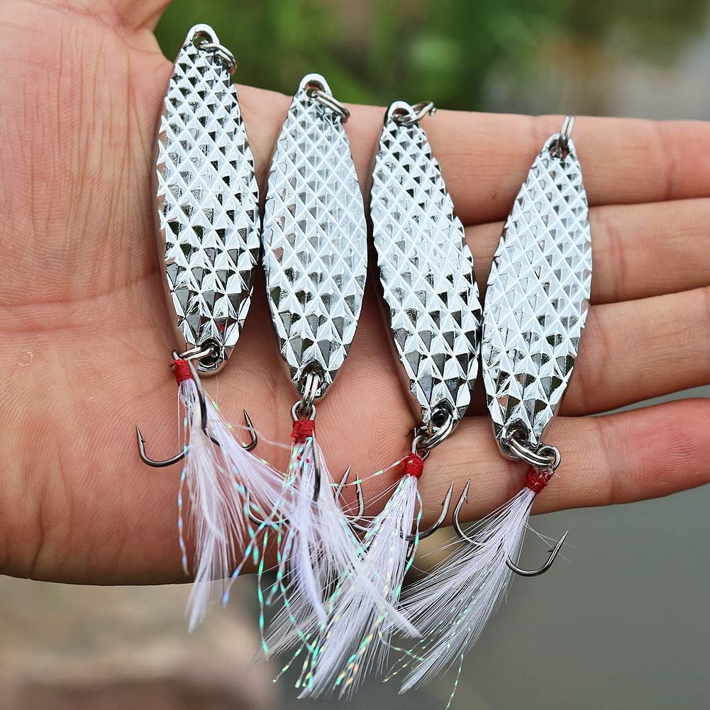 4pcs 15g 10.5cm Spoon Fishing Lures with Sequins Hook - Metal Jig Lures VIB Hard Baits for Bass Trout (Silver) - Perfect for Freshwater & Saltwater Fishing