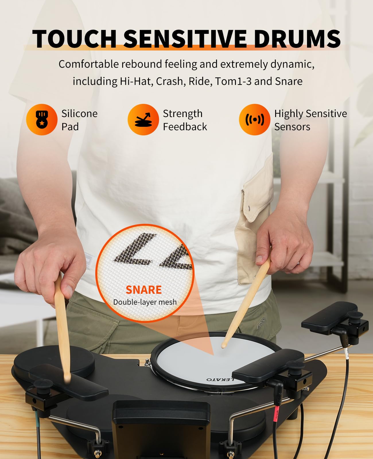 LEKATO Electronic Drum Set - Portable Electric Drum Kit for Beginners with Quiet Mesh Snare Pads, 220+ Sounds, USB MIDI, 2 Switch Pedals, Drum Sticks & Travel Bag - Perfect for Home Practice, Studio Recording & Live Performances