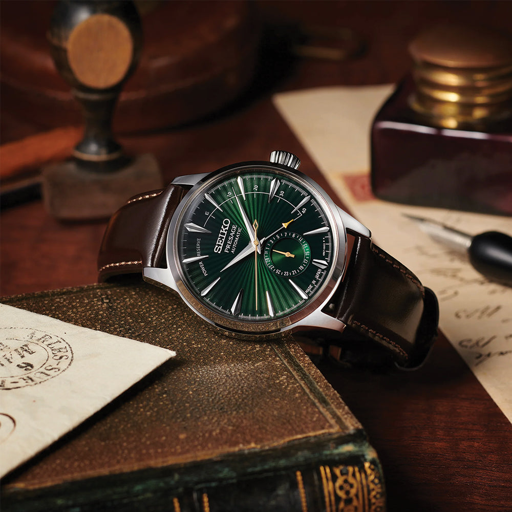 Seiko Presage Cocktail Time Automatic Watch 40.5mm - Green Dial with Leather Strap for Men | Elegant Dress Watch for Business, Formal Events & Special Occasions