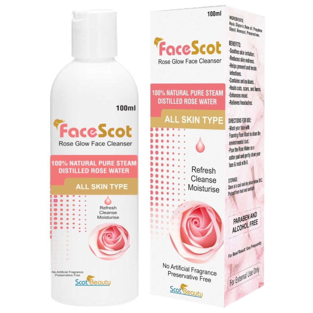 Facescot Rose Glow Face Cleanser - 100ml Natural Pure Rose Water (Gulab Jal) for All Skin Types | Gentle Makeup Remover & Cleansing Oil | Soft & Glowing Skin Care | Perfect for Daily Cleansing & Post-Makeup Removal