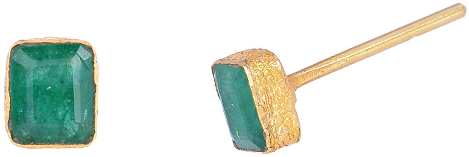 14K Gold Textured Emerald Stud Earrings with Bezel Setting | 0.96 Carat Octagon Cut Genuine Emerald Push Back Earrings | Fine Jewelry for Women | Perfect Gift for Birthday, Anniversary & Special Occasions