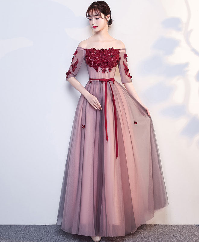 Elegant Burgundy Tulle Lace Long Prom Dress - Formal Evening Gown for Homecoming, Quinceañera & Special Occasions