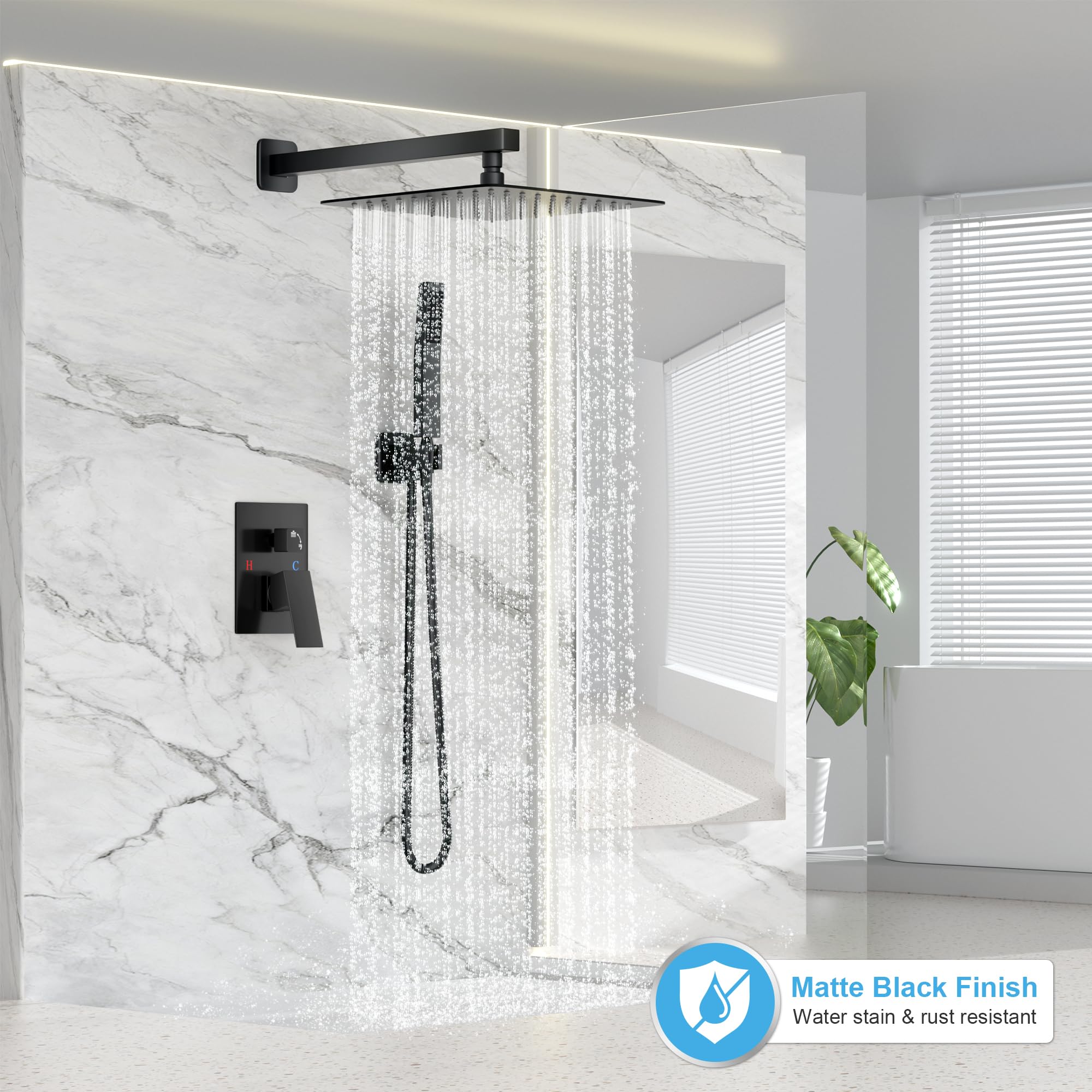 Premium Matte Black Shower Faucet Set - 10 Inch Rainfall Shower System with Wall Mounted Shower Head & Handle - Full Metal Trim Repair Kit (Includes Shower Valve) for Luxurious Bathroom Upgrade & Spa-Like Experience