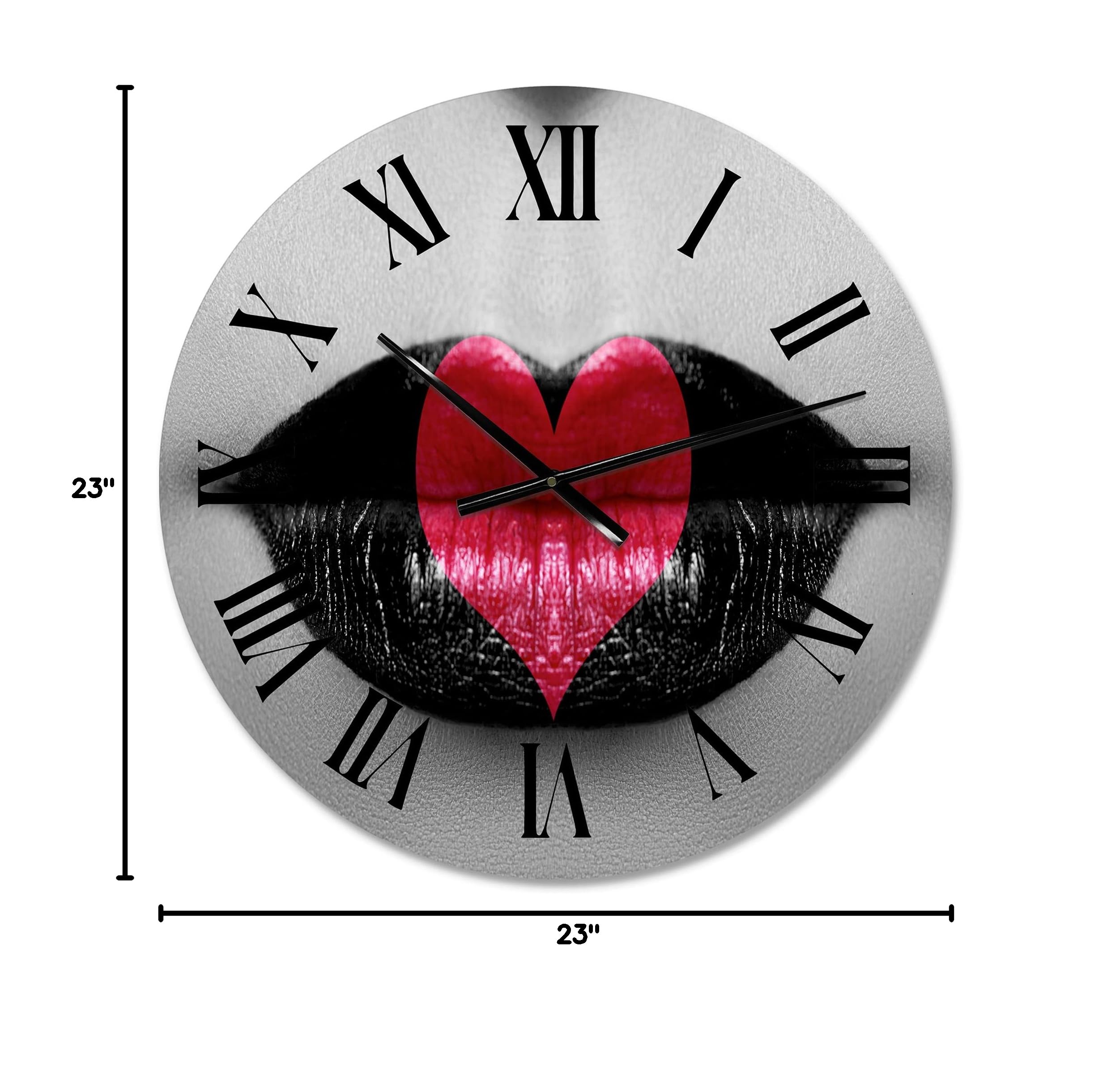Modern Red Heart in Black and White Lips Large Wall Clock - Stylish Home Decor for Living Room, Bedroom & Office - Silent Non-Ticking Battery Operated