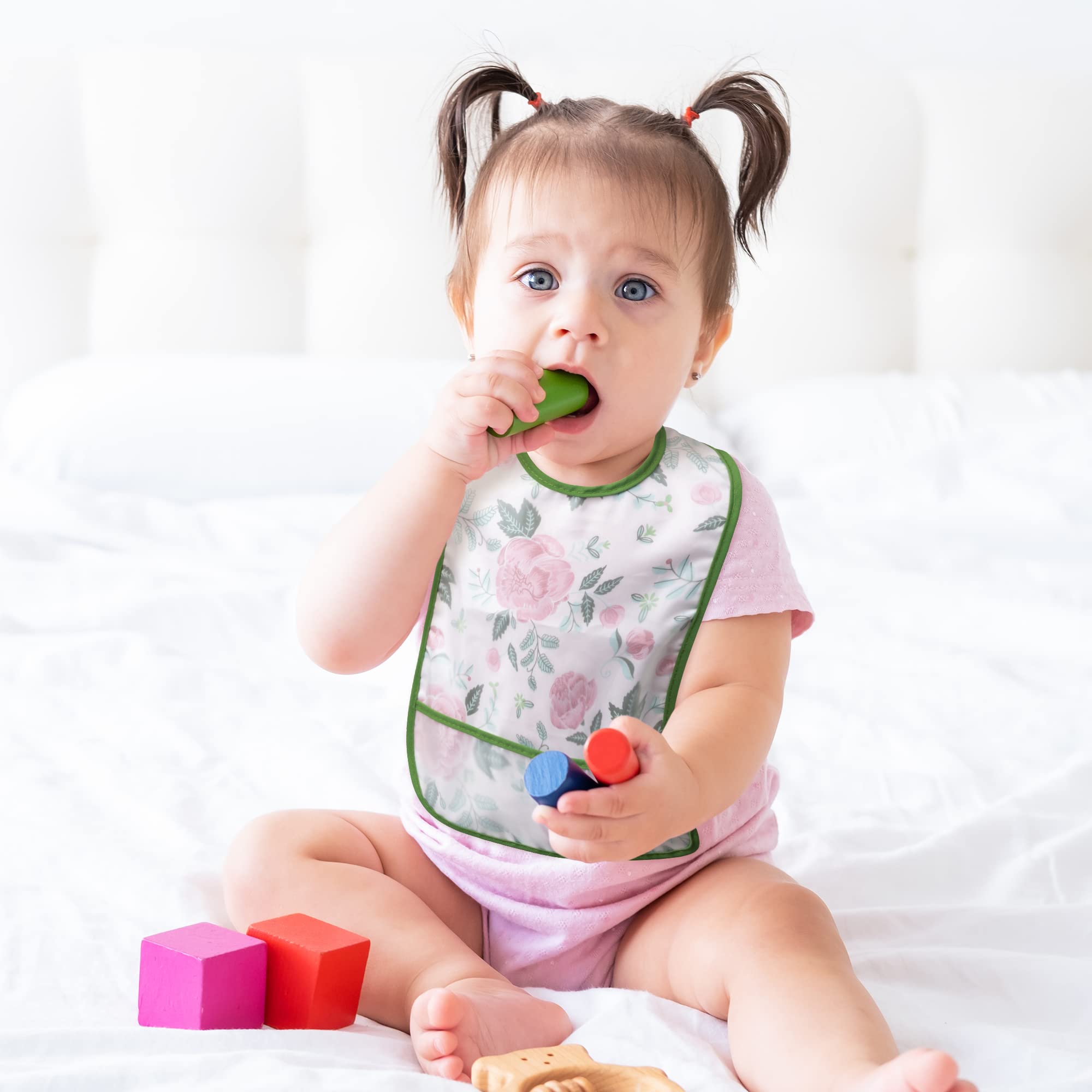 R HORSE 5Pcs Waterproof Baby Bibs Set with Crumb Catcher Pocket & Snap Button - Soft Toddler Feeding Bibs for 6-24 Months - Ideal for Mealtime, Travel & Daycare Use