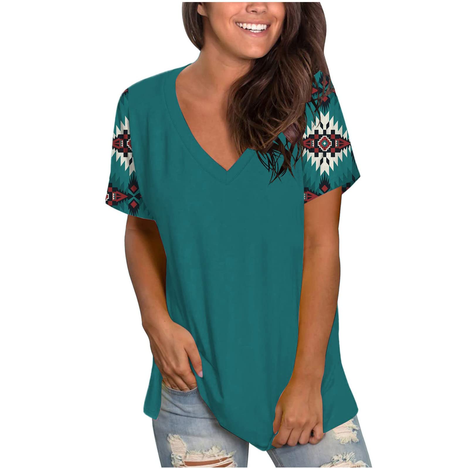 Women's Summer Short Sleeve V-Neck T-Shirts - Casual Loose Fit Printed Blouse Tunics for Everyday Wear | Perfect for Beach, Shopping & Outdoor Activities