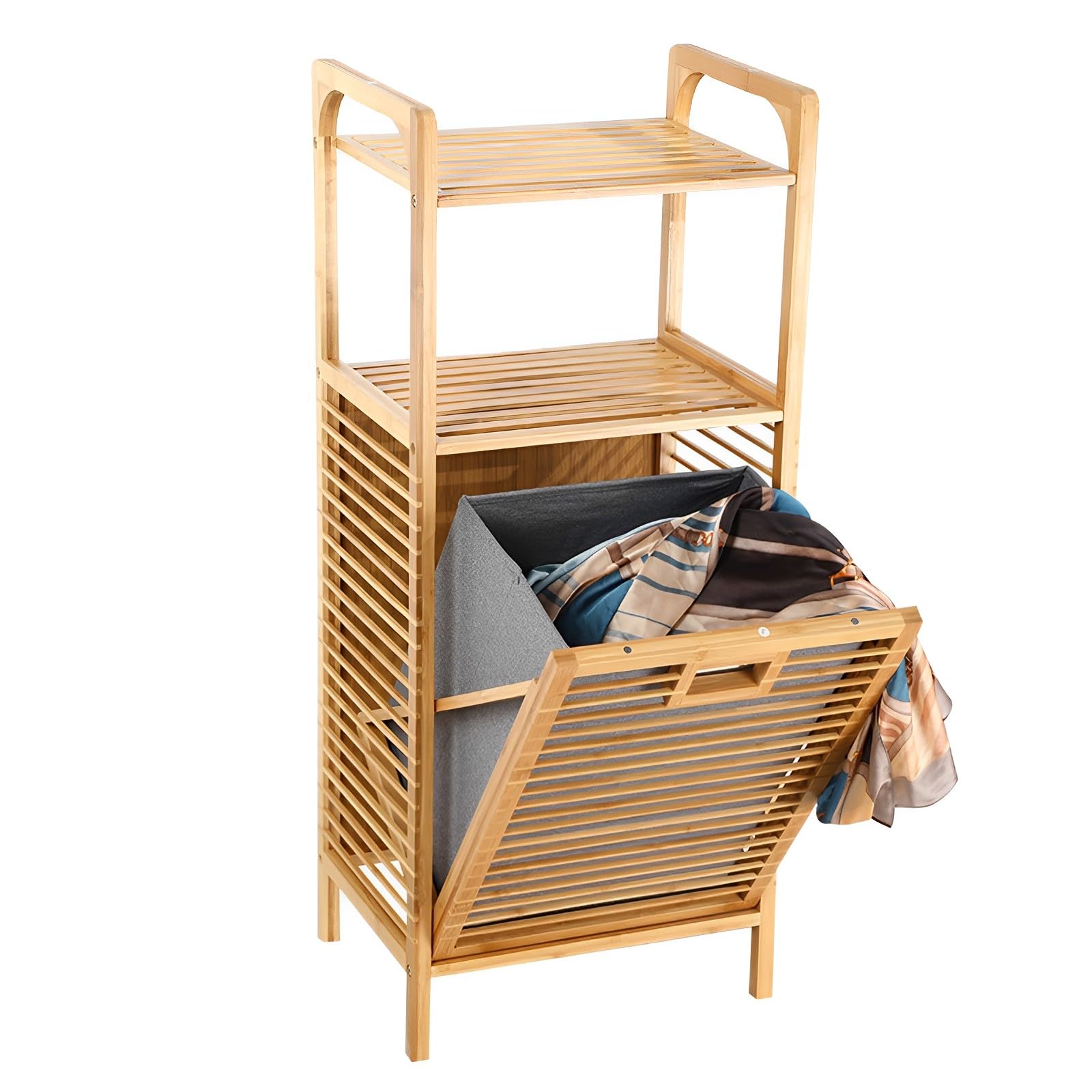 Foldable Bamboo Laundry Hamper with Tilt-Out Basket - Portable Floor Stand Clothes Sorter & Bathroom Storage Organizer for Bedroom, Laundry Room & Dorm - Perfect for Sorting Dirty Clothes & Organizing Cleaning Supplies