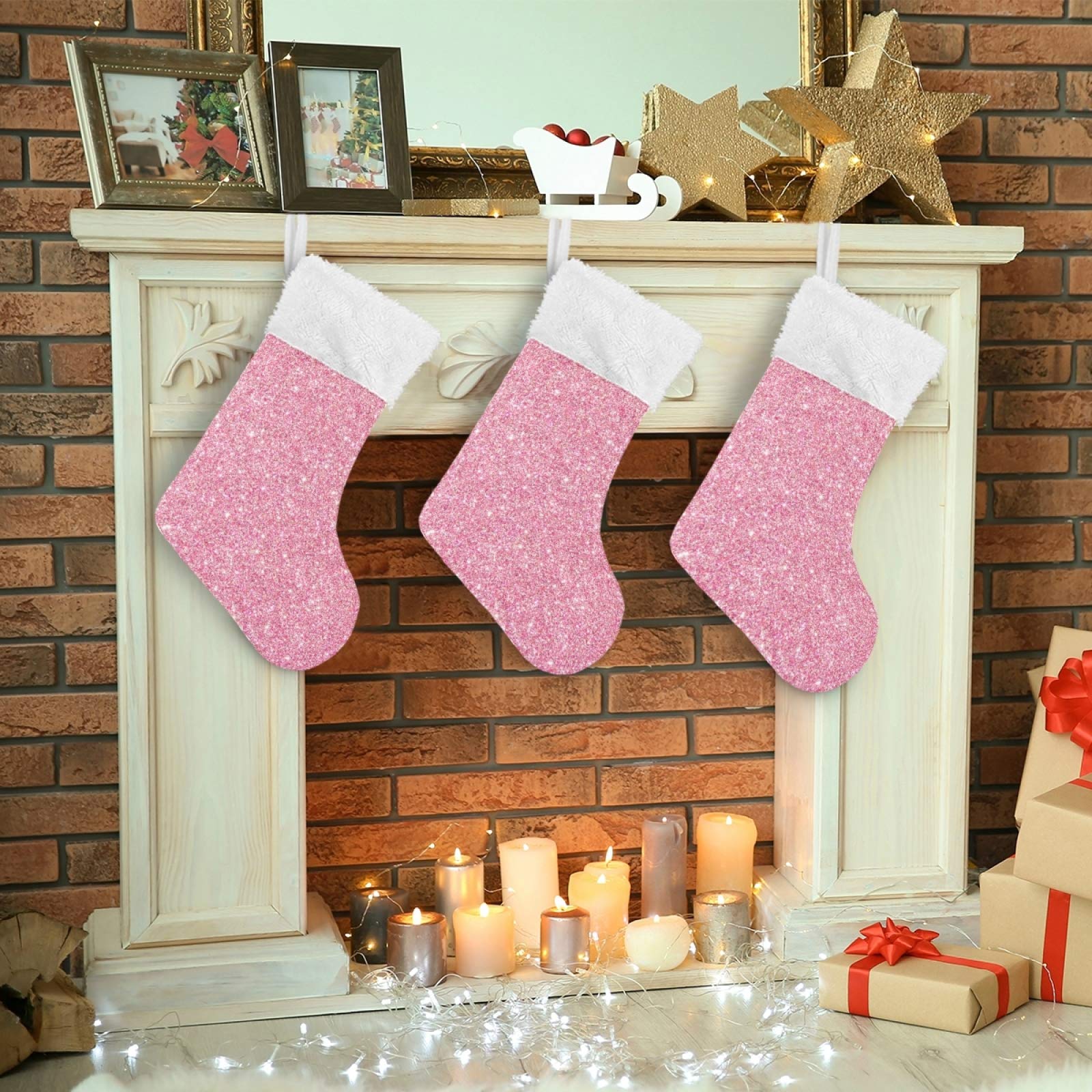 Personalized Large 18 Inch Pink Glitter Christmas Stockings with Snowflake Design - Cute Holiday Decor for Xmas Tree, Fireplace Mantel & Family Party Gifts
