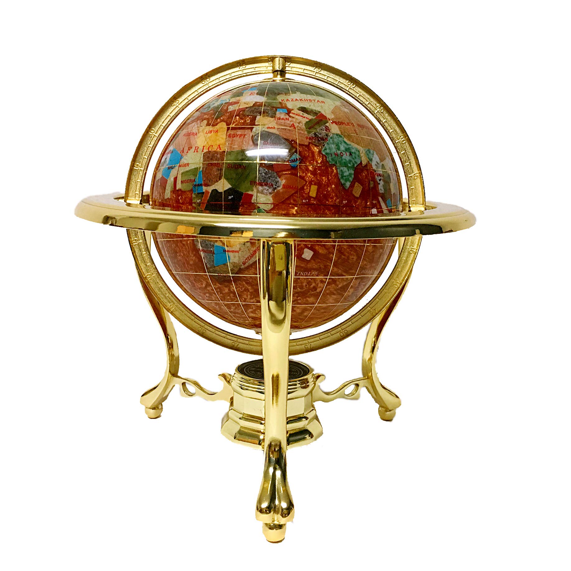 10-Inch Amber Pearl Swirl Ocean Gemstone World Globe with Gold Tripod Stand - Unique Tabletop Decor for Home Office, Gift for Travel Lovers & Geography Enthusiasts