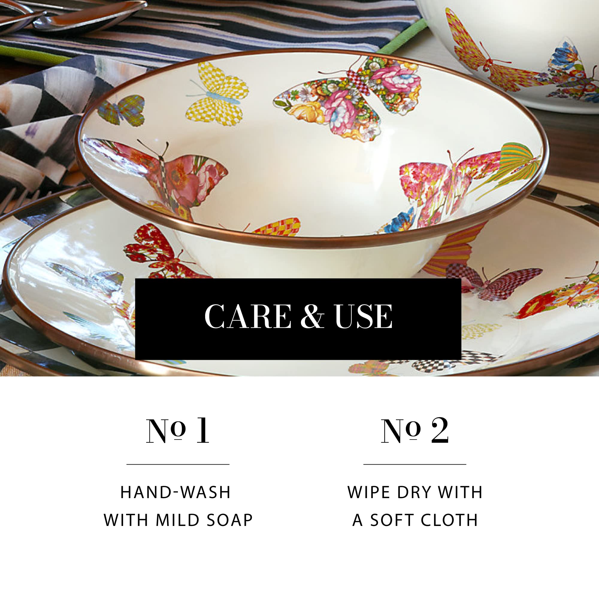 MACKENZIE-CHILDS 12-Inch Enamel Serving Bowl - Butterfly Garden Design - Durable Enamel Serveware for Entertaining, Dining & Kitchen Decor - Perfect for Salads, Pasta, Fruit & Party Dishes