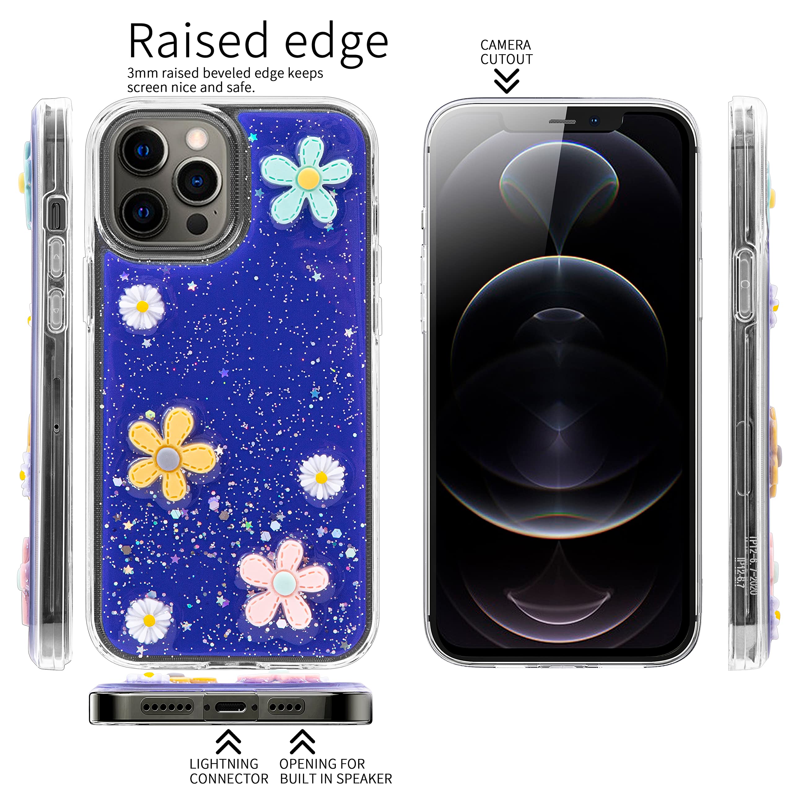 Shockproof iPhone 12 Pro Max Case with Daisy Flower Design - Anti-Scratch Full Body Protection, Cute Glitter Cover for Women (Blue) | Perfect for Everyday Use, Outdoor Activities & Gift Giving