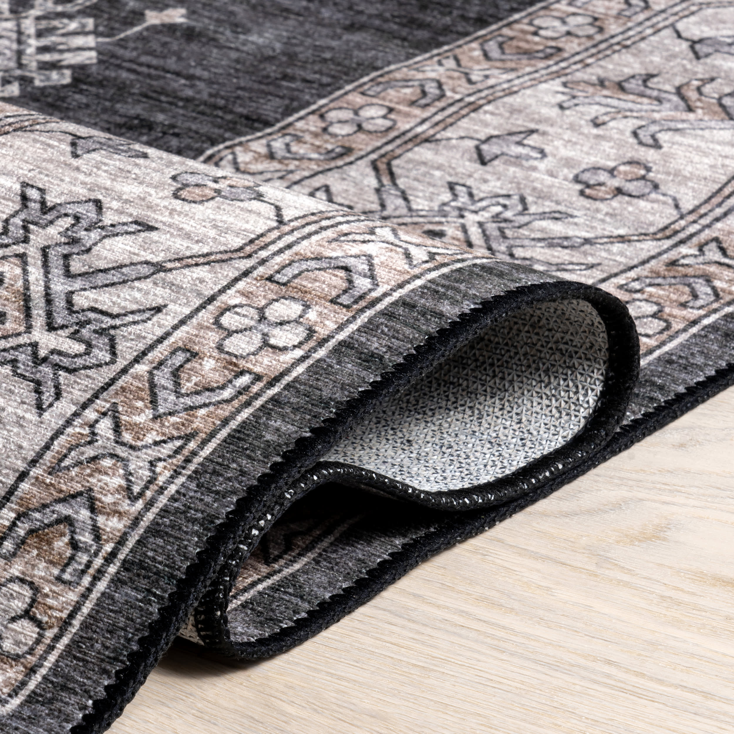 Andrea Bordered Spill Proof Washable Rug - Charcoal Grey | Non-Slip Kitchen & Living Room Rug for High Traffic Areas | Easy to Clean & Durable Home Decor