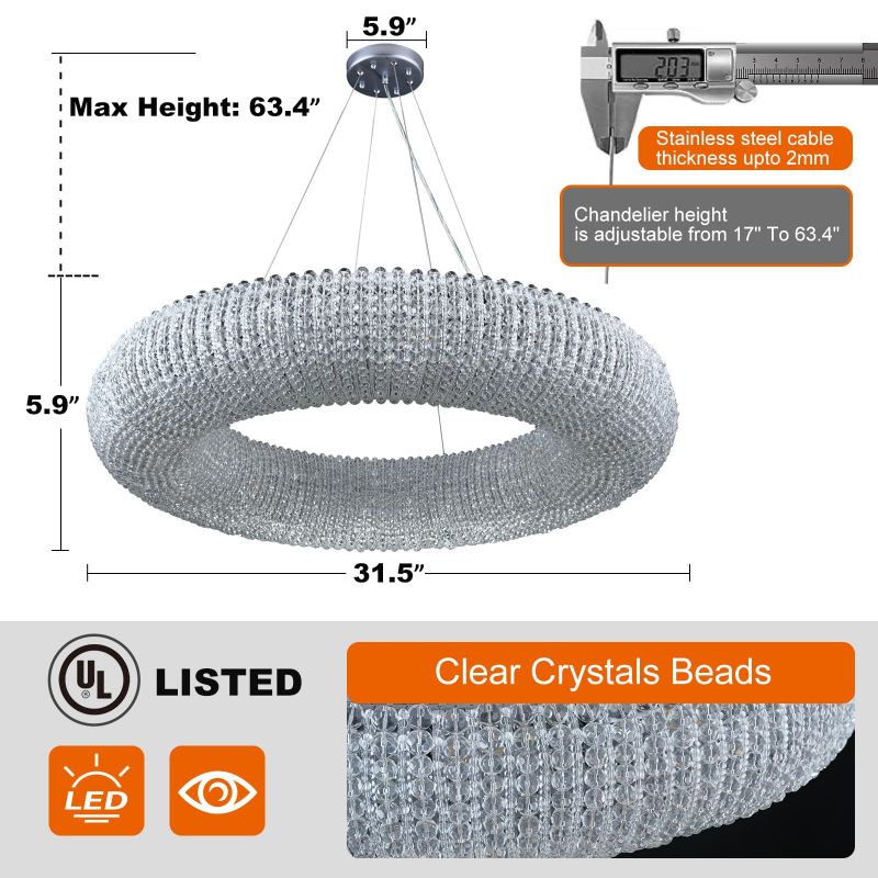 Alison Series Crystal Round LED Chandelier - Modern Ceiling Light Fixture for Dining Room, Bedroom, Living Room & Foyer - Energy Efficient Dimmable Lighting for Home Decor