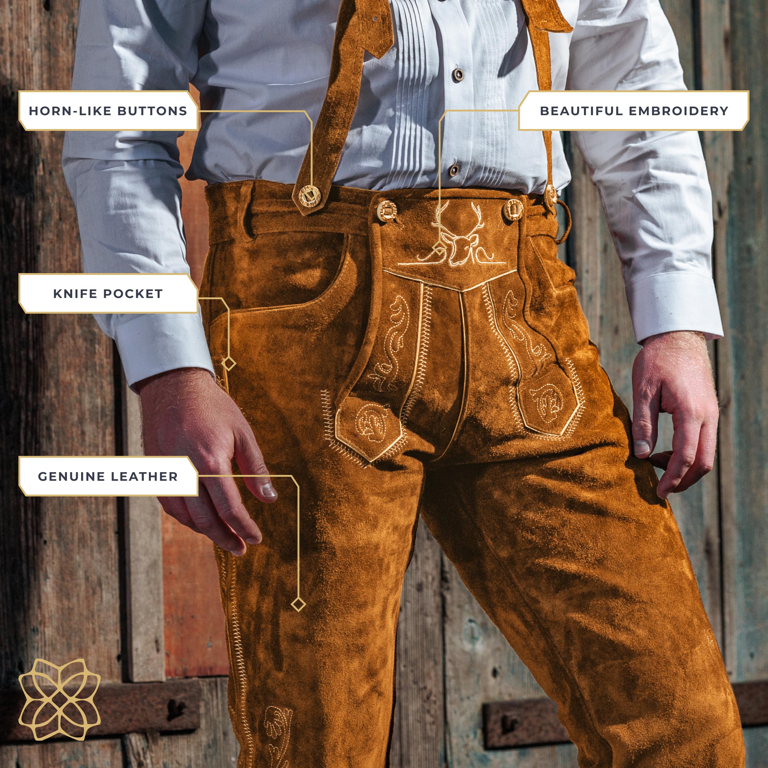 Authentic German Lederhosen for Men - Genuine Leather Bavarian Traditional Oktoberfest Pants - Light Brown Knee-Length - Perfect for Oktoberfest, Beer Festivals & Cultural Events