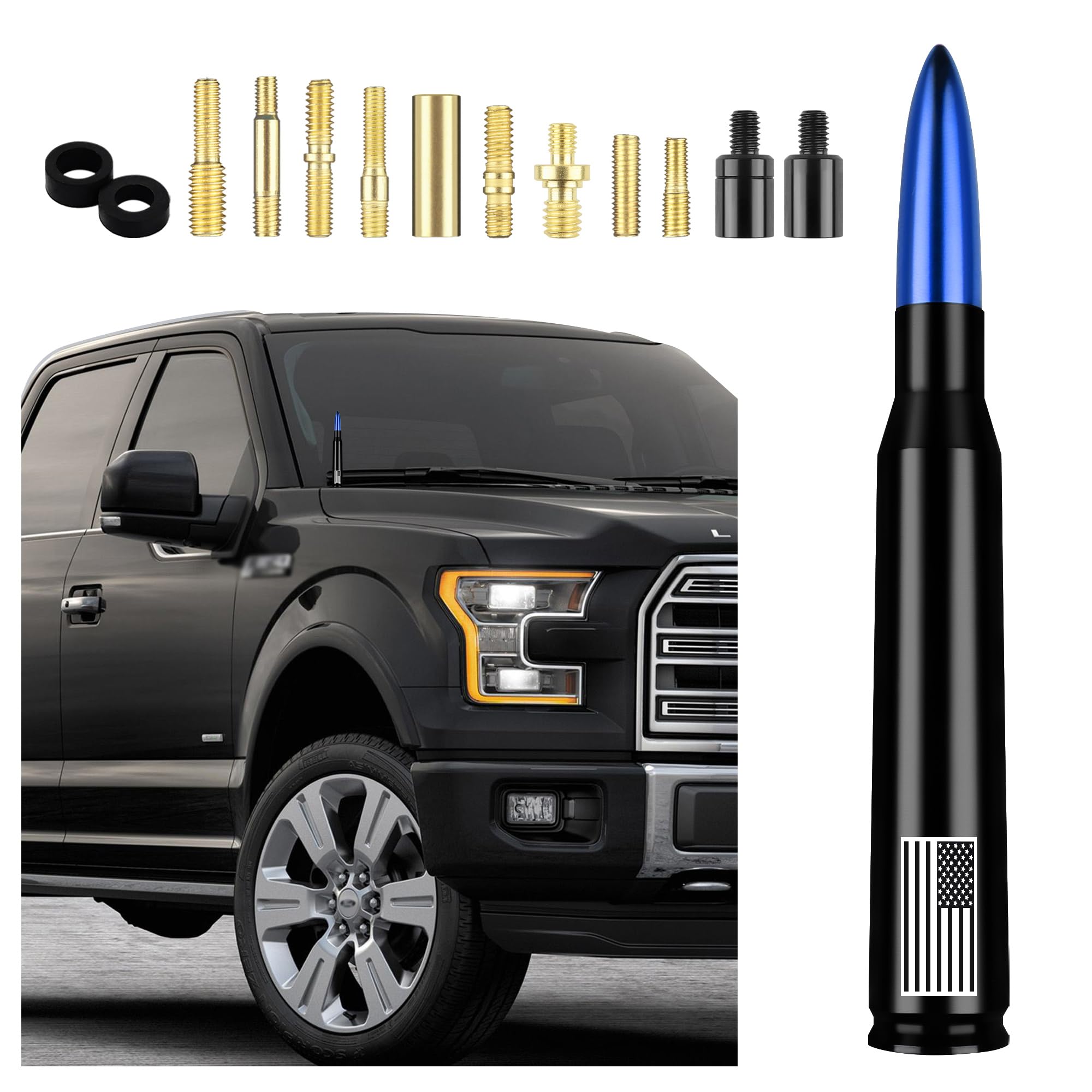 American Flag Car Bullet Antenna - New Upgrade Flag Design for Truck, SUV & Most Vehicles | Durable Exterior Decoration Accessory & Replacement Antenna (Blue) | Perfect for Patriotic Drivers, Road Trips & Car Shows