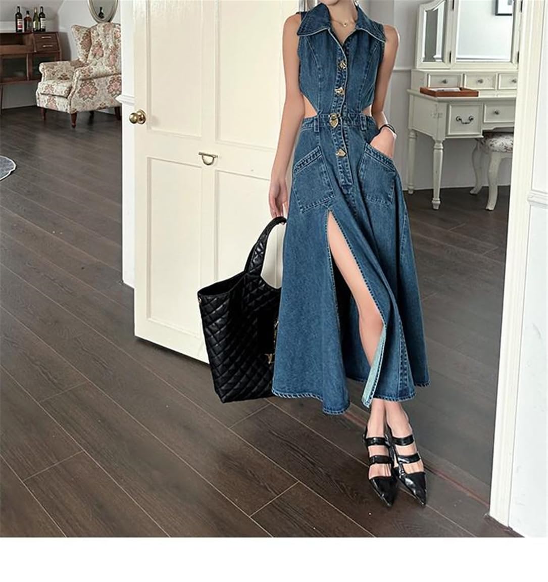 Vintage Women's Hollow Out Sleeveless Denim Dress - High Waist Slim Fit Long Jean Dress with Side Slit | Perfect for Summer Outfits, Beach Vacations & Casual Date Nights