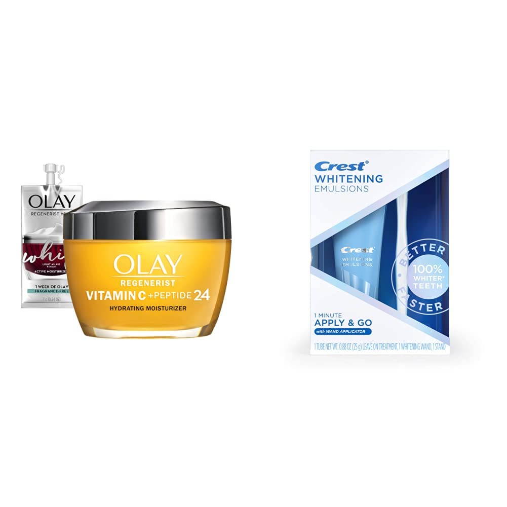 Olay Regenerist Vitamin C + Peptide 24 Brightening Face Moisturizer & Travel Size Whip Cream | Crest Whitening Emulsions Teeth Whitening Kit with Applicator (0.88 Oz) - Anti-Aging Skincare & Teeth Whitening for Daily Beauty Routine