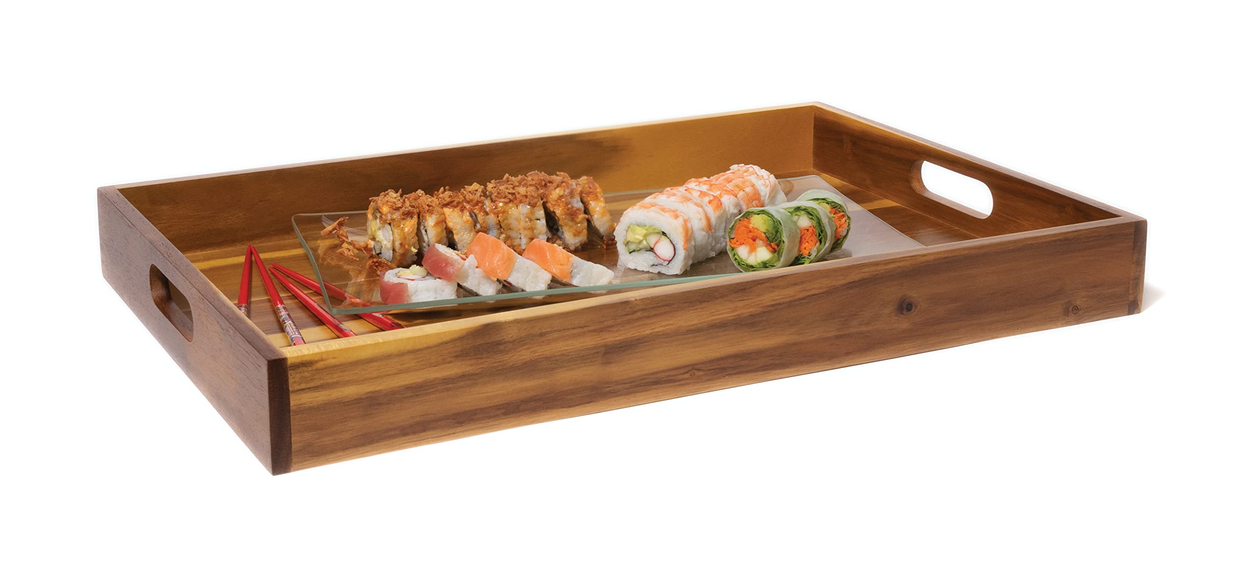 Lipper International 1295 Acacia Wood Large Serving Tray with Cut-Out Handles - 20.5