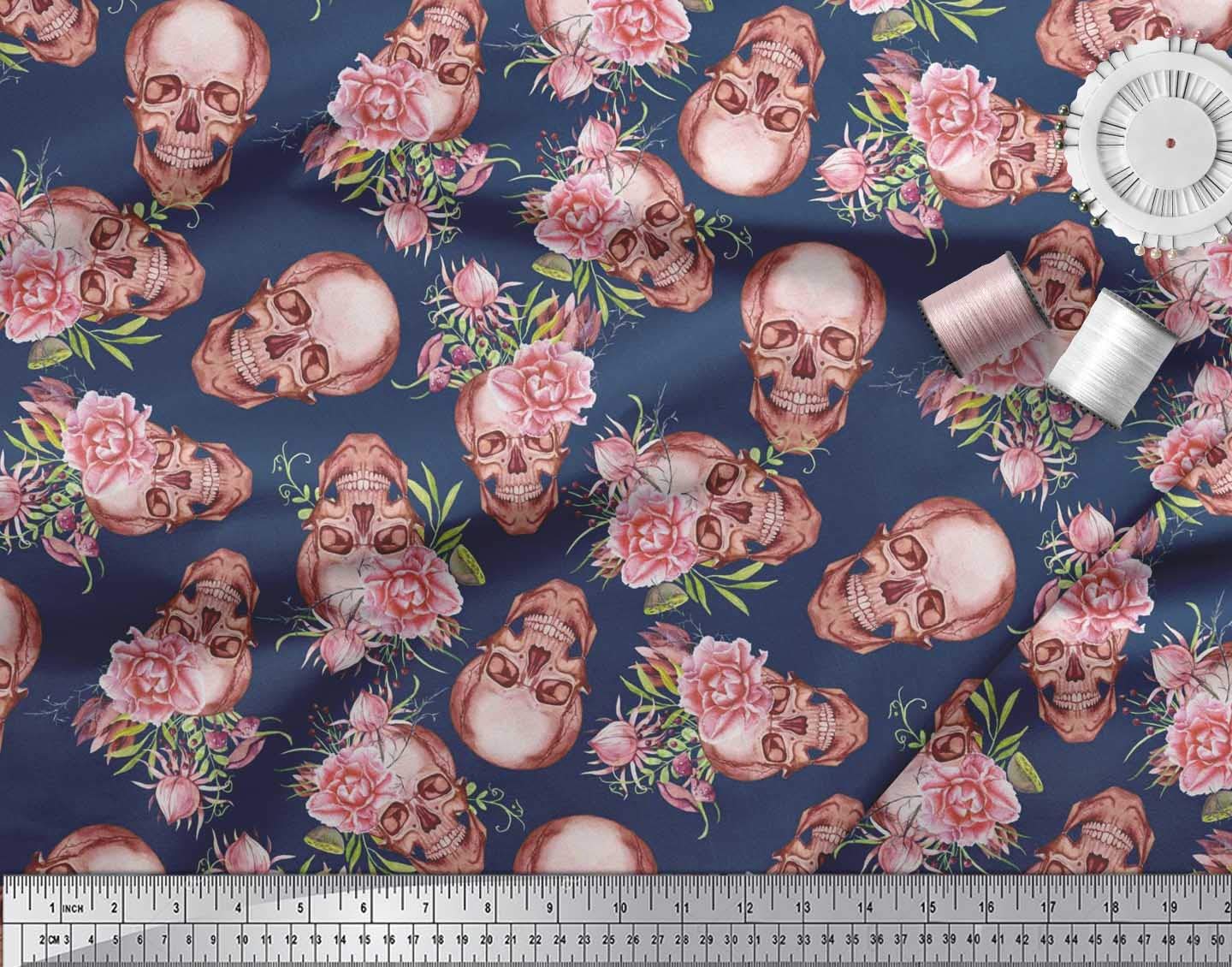 Soimoi Moss Georgette Brown Fabric by The Yard - 42 Inch Wide Skull & Begonia Floral Printed Textile for DIY Fashion, Gothic Clothing, and Home Decor Projects - Edgy Whimsical Fabric for Dresses, Curtains, and Crafting