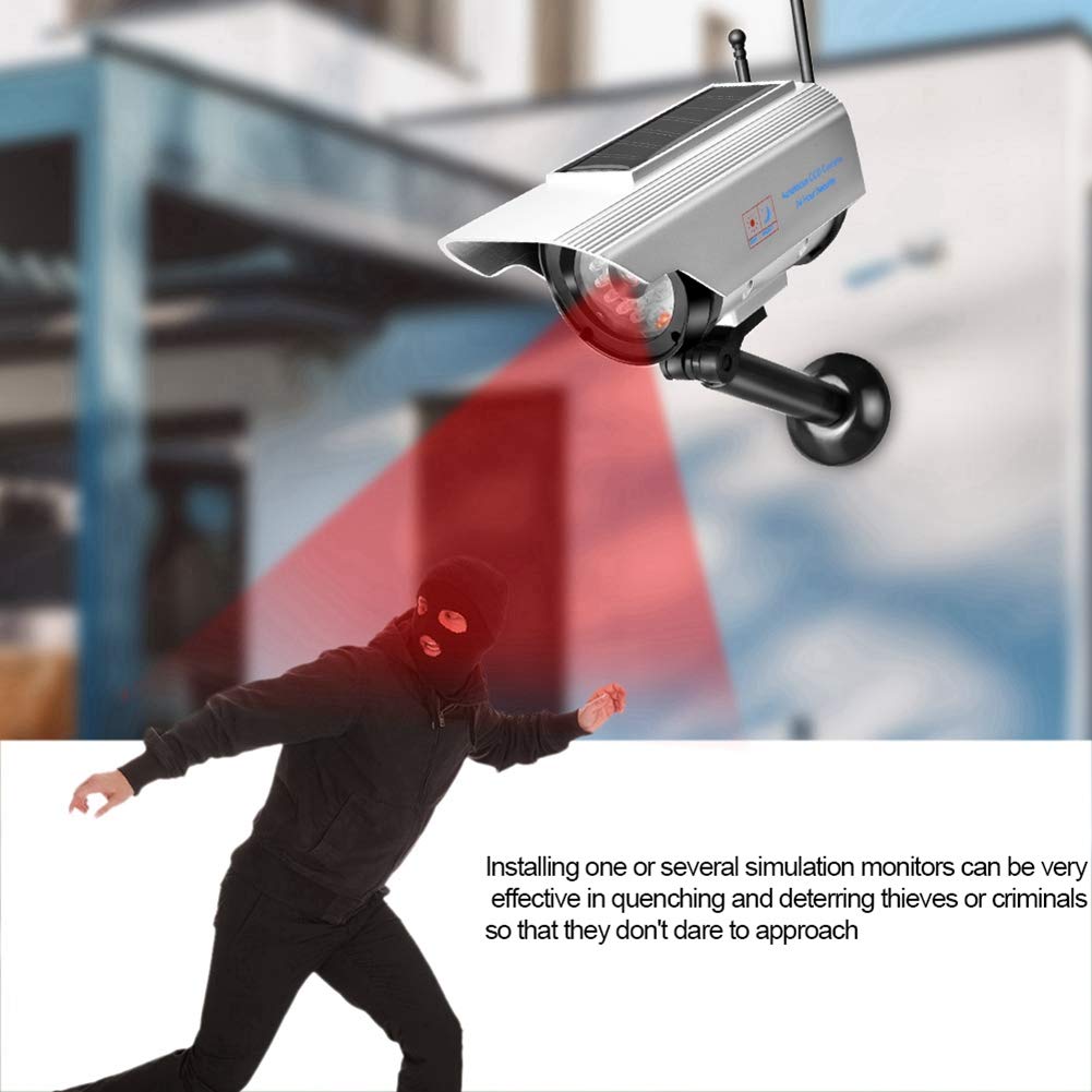 19X9X9 Solar Powered Fake Security Camera - Outdoor Dummy Surveillance Camera with Realistic Design for Home & Business Protection (Silver) | Ideal for Deterring Burglars & Enhancing Safety in Yards, Driveways & Entryways