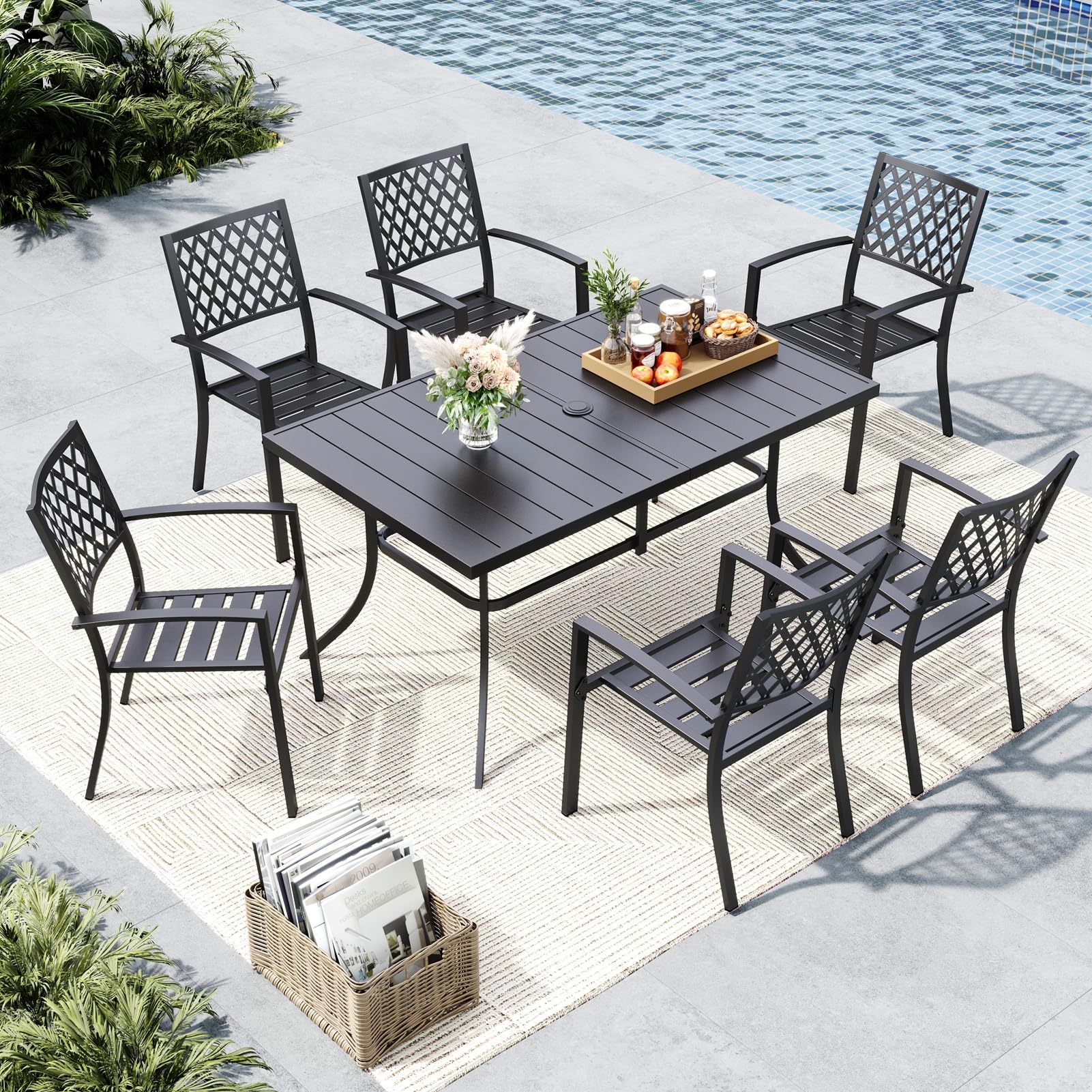 MFSTUDIO 7-Piece Black Metal Outdoor Dining Set with 6 Mesh Chairs & Rectangle Table - Patio Furniture with Umbrella Hole for Backyard, Garden, Poolside Dining