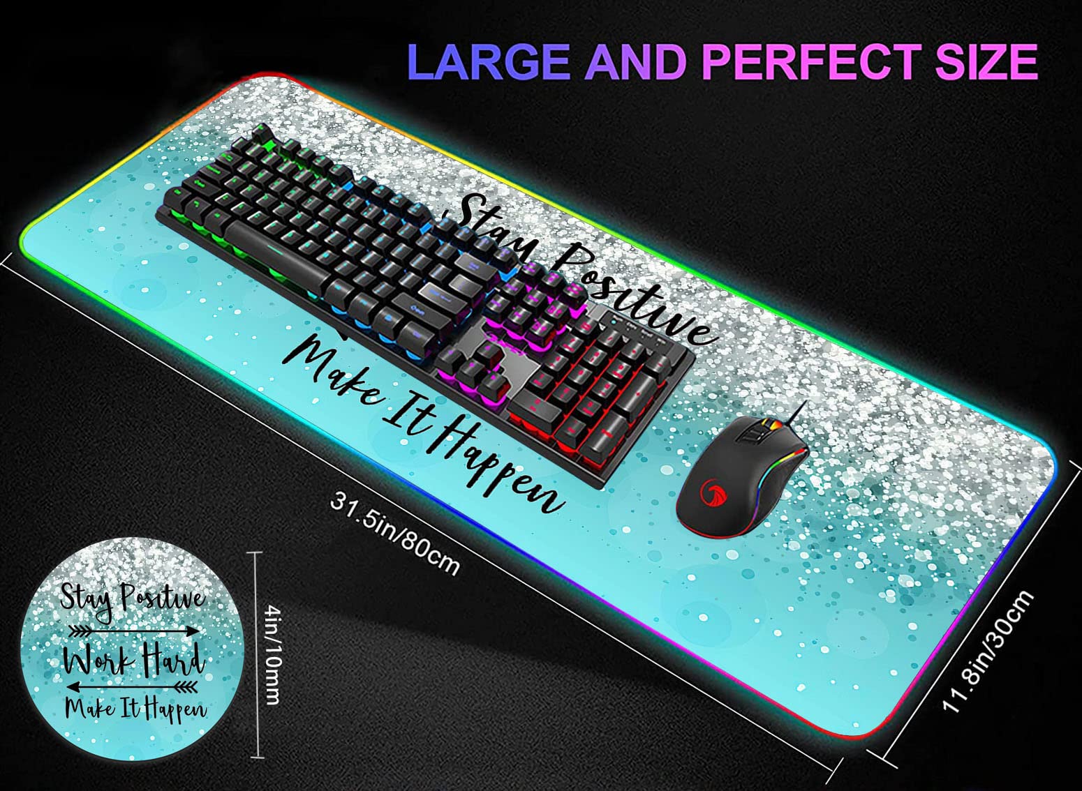 RGB LED Gaming Mouse Pad - Large Non-Slip Desk Mat with Optical Waterproof Surface for PC, Computer, Keyboard & Office Setup | Perfect for Gamers, Programmers & Esports Enthusiasts | Motivational Blue Light-up Design with 