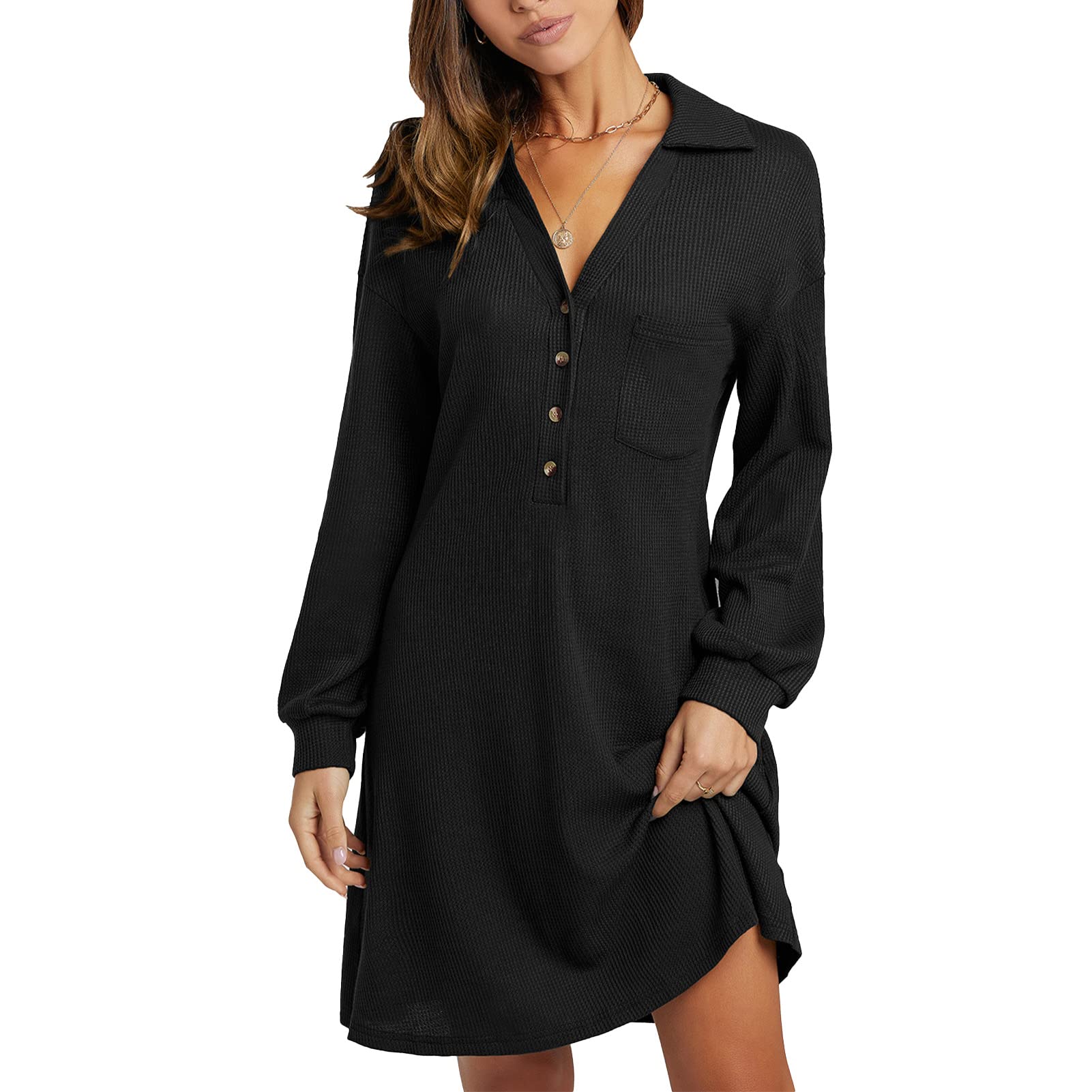 Elegant Women's Waffle Knit Sweater Dress with V-Neck Lapel & Button Placket - Long Sleeve Tunic for Fall & Winter | Perfect for Office, Date Night & Casual Outings