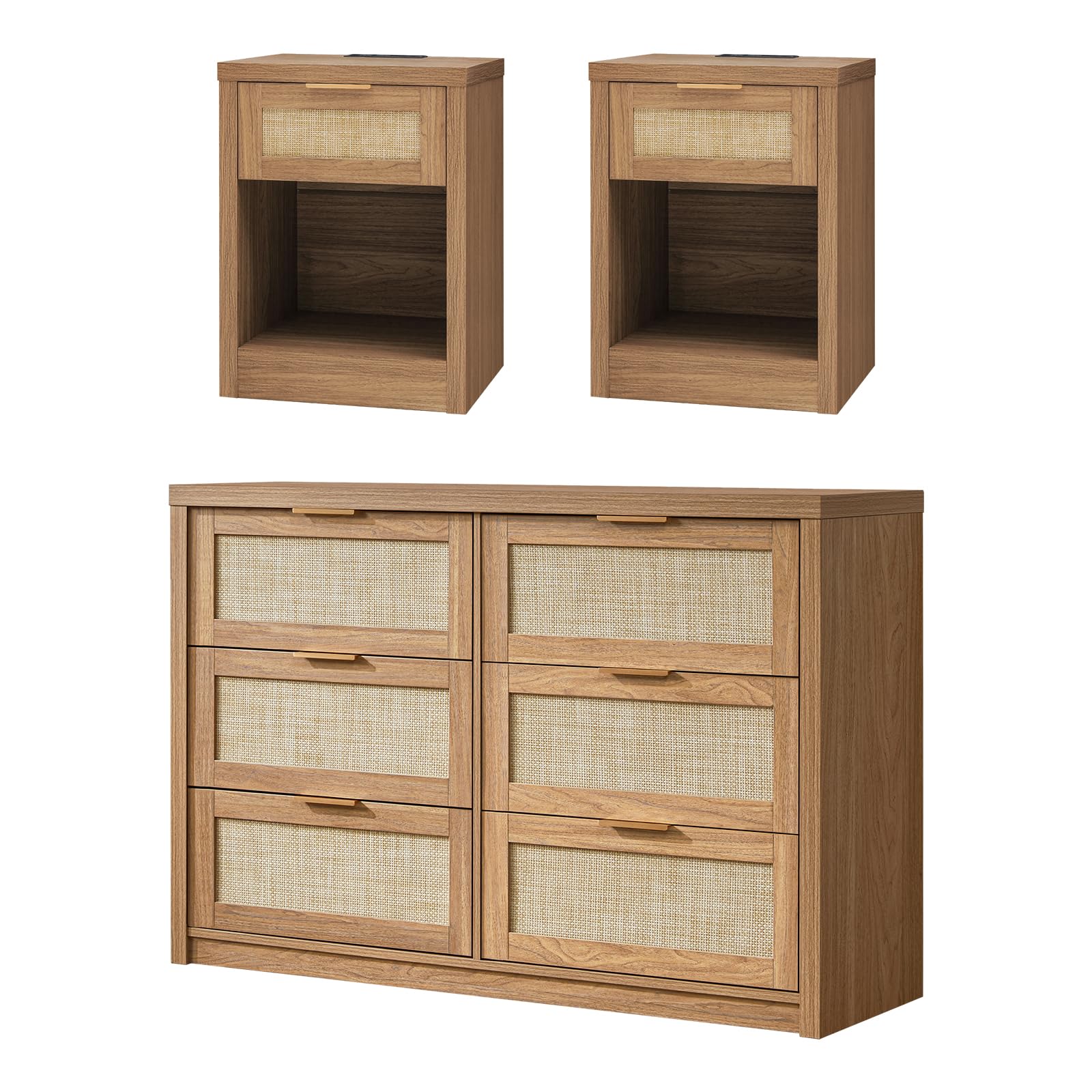 Rattan Boho 3-Piece Bedroom Set - 6-Drawer Dresser & 2 Nightstands with USB-C Charging | Vintage Bedroom Furniture for Master & Guest Rooms