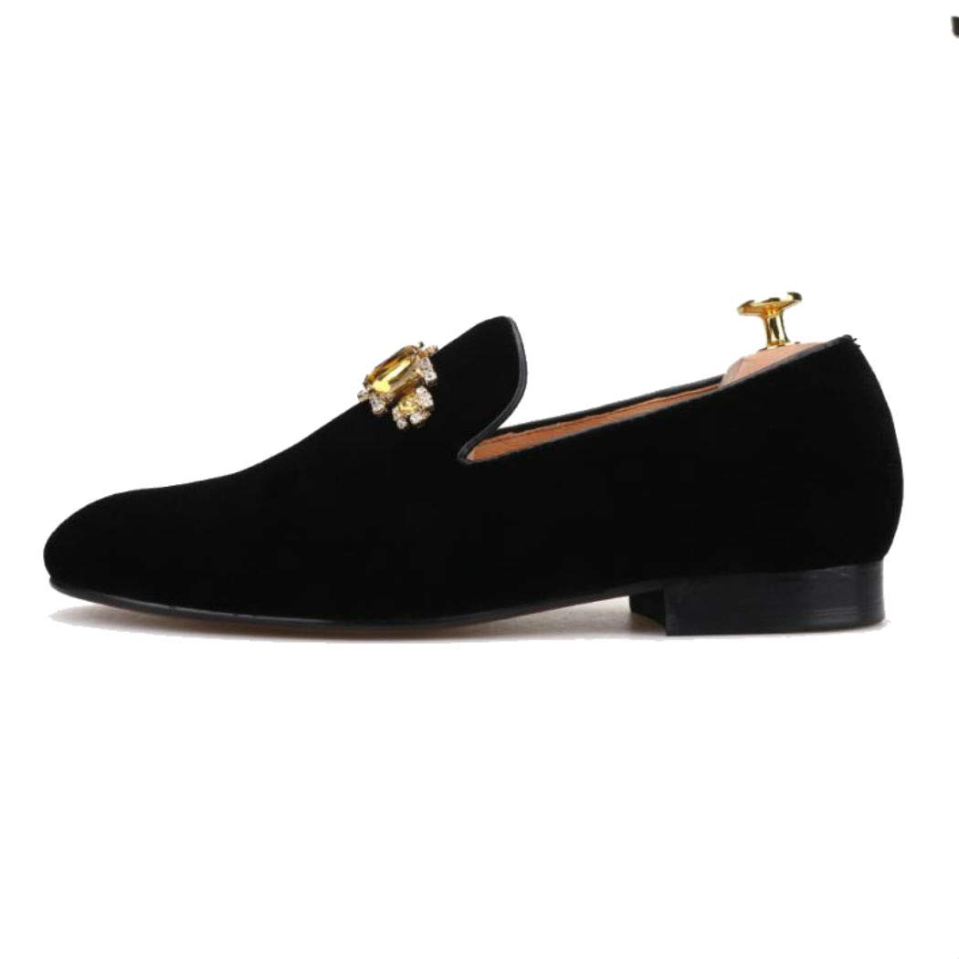 FERUCCI Handmade Men's Black Velvet Loafers with Gold Crystal Brooch - Elegant House Slippers for Indoor Comfort & Luxury Gift Giving