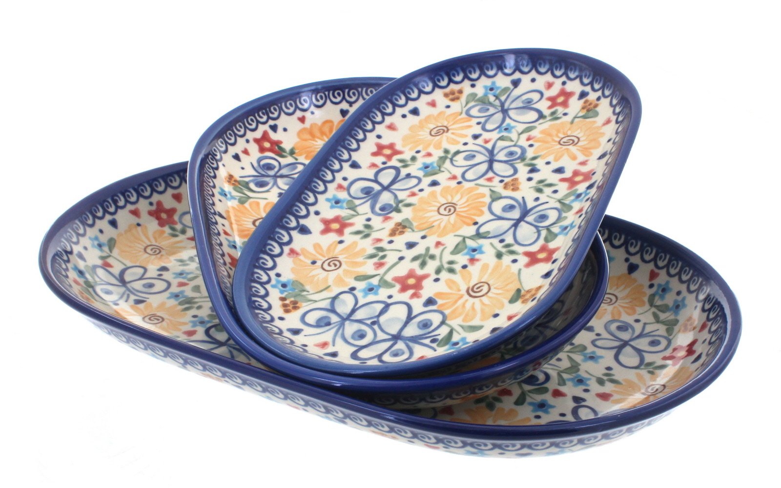 Blue Rose Polish Pottery Butterfly 3-Piece Oval Serving Set - Elegant Appetizer Platter for Dinner Parties, Tea Time & Home Decor