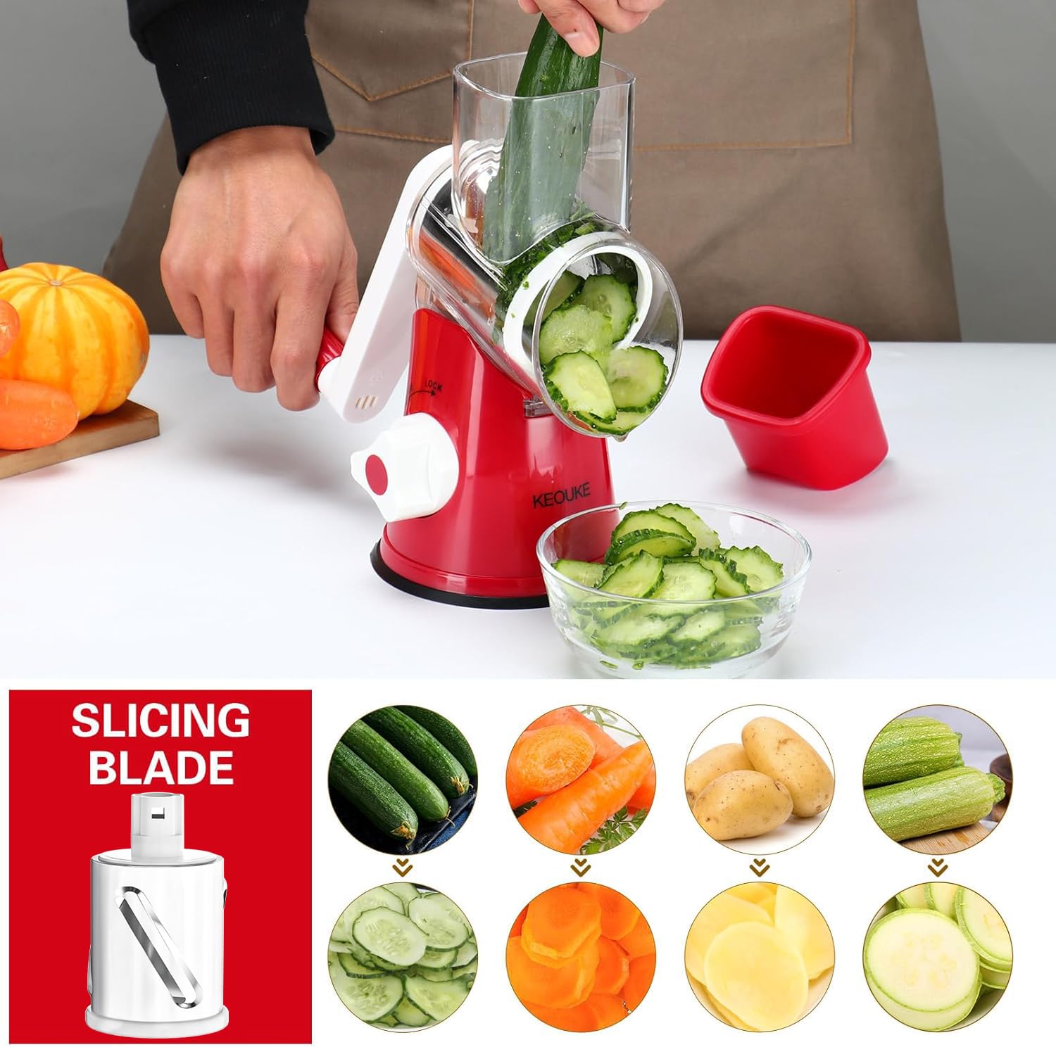 Premium Rotary Cheese Grater - Hand Crank Shredder for Cheese, Vegetables & Nuts | Non-Slip Suction Base | Includes 3 Blades & Free Cleaning Brush (Red) | Perfect for Kitchen, Pizza, Pasta & Salad Prep
