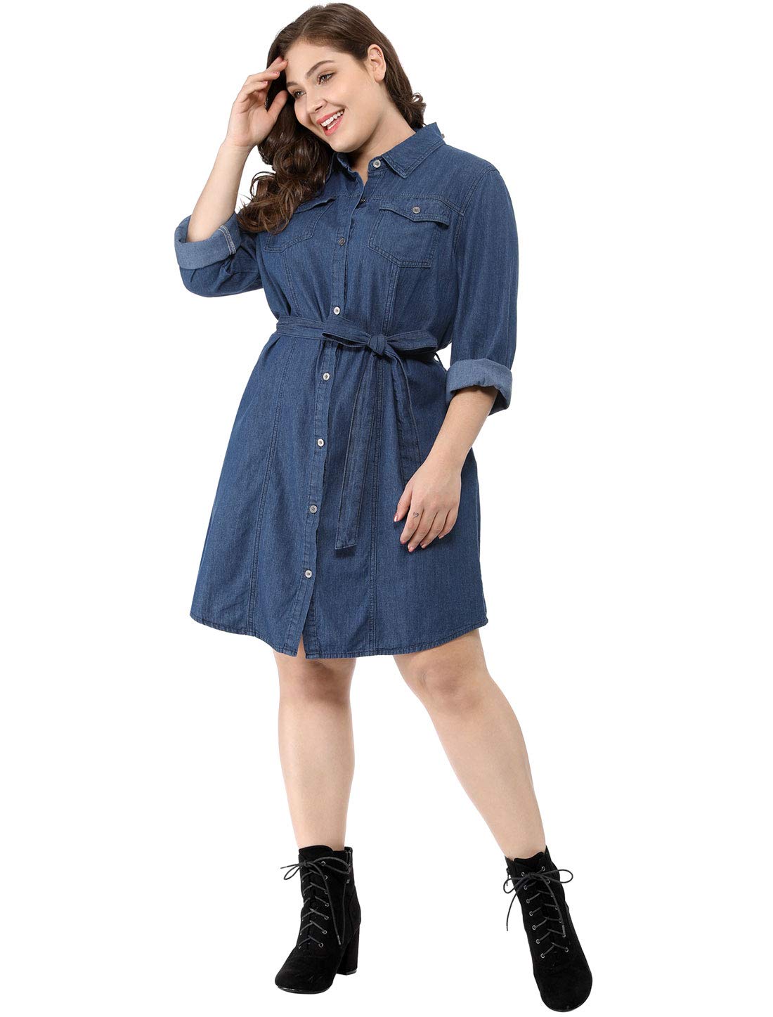 Agnes Orinda Women's Plus Size Denim Midi Dress - Button Down Long Sleeve Jean Shirt Dress for Casual Wear, Office & Date Night Outfits