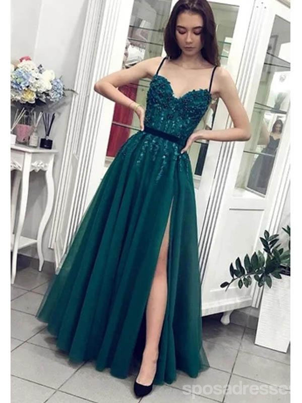 Elegant Dark Green A-Line Spaghetti Straps Prom Dress with High Slit - Perfect for Homecoming, Formal Dances & Evening Events | Shop Online Now #12699