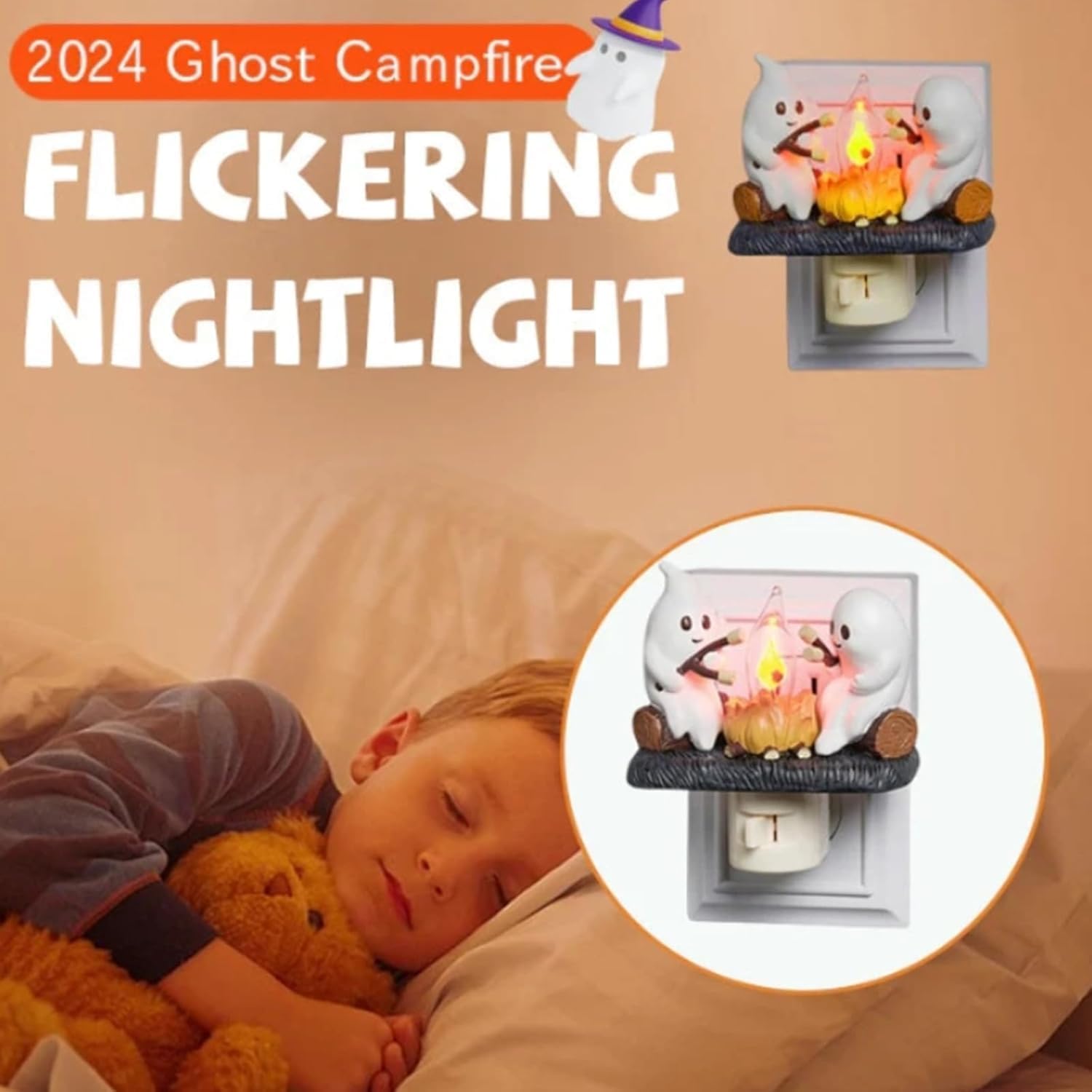 Ghost Campfire Flickering Night Light - Halloween Decor Plug-in Wall Light with Realistic Faux Flame Effect (3 Pack) - Perfect for Spooky Home Decor, Kids' Room, and Halloween Party Atmosphere