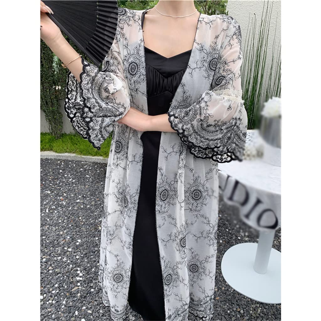 Elegant Embroidered Lace Shirt Cardigan - Women's Long Sleeve Beach Cover Up Bikini Jacket (One Size) - Perfect for Seaside Vacations, Summer Outings & Resort Wear