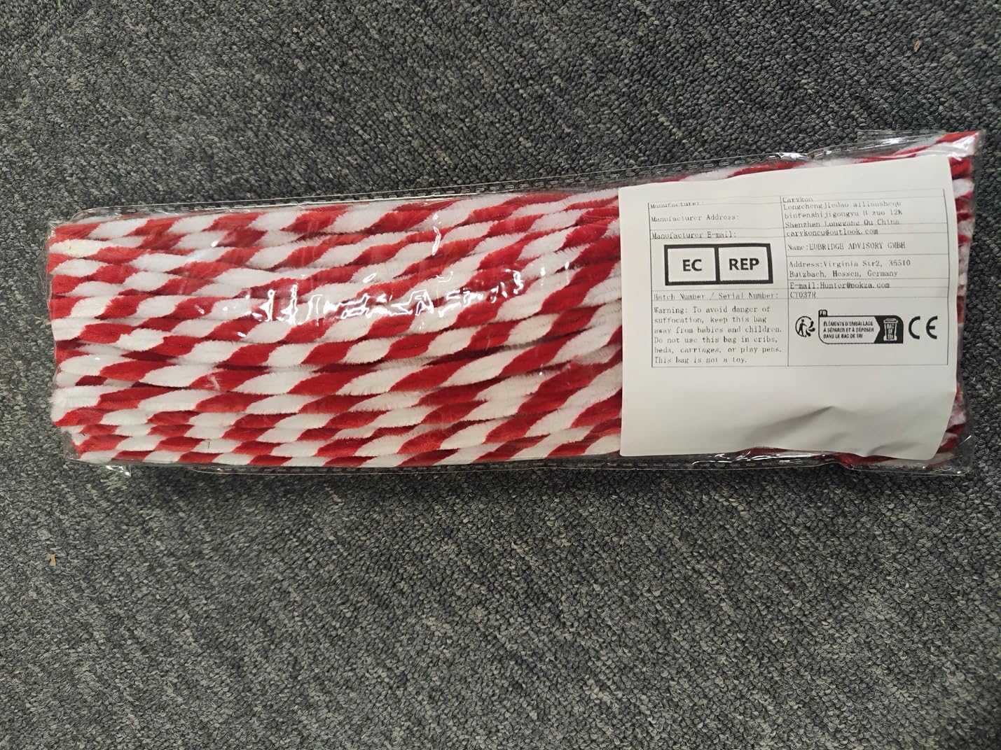 Carykon 100-Pack Red Striped Chenille Pipe Cleaners for DIY Crafts, Floral Arrangements, and STEM Projects | Soft, Bendable, and Colorful Art Supplies for Kids and Adults