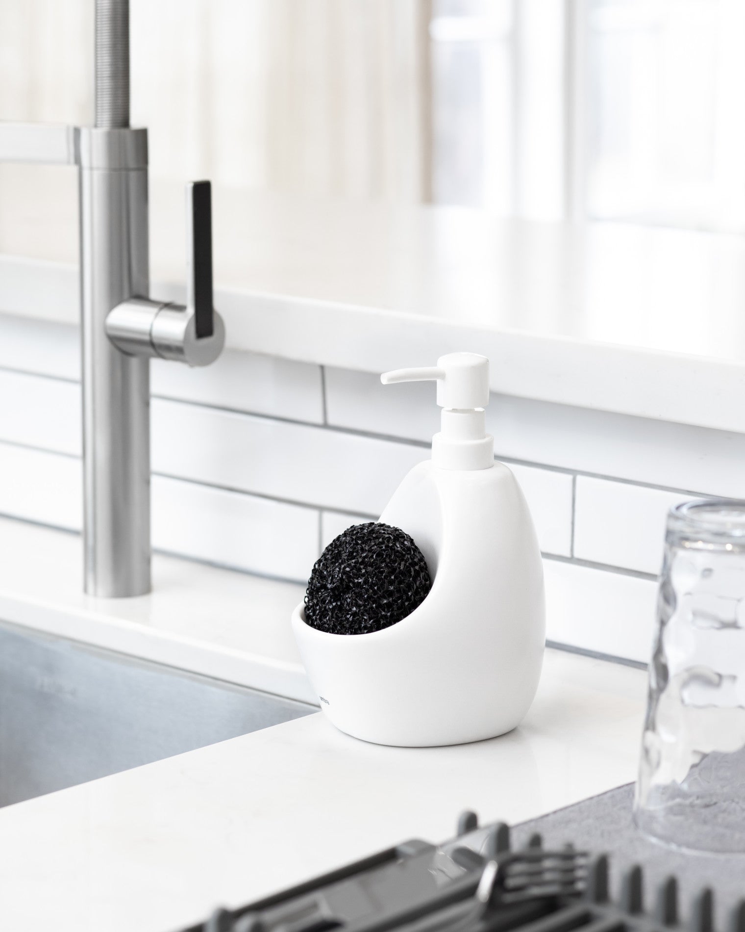 Joey Soap Pump & Scrubby - Hands-Free Foaming Soap Dispenser with Built-in Scrub Brush for Kitchen, Bathroom, and Sink Cleaning (BPA-Free) - Perfect for Dishes, Countertops, and Household Chores