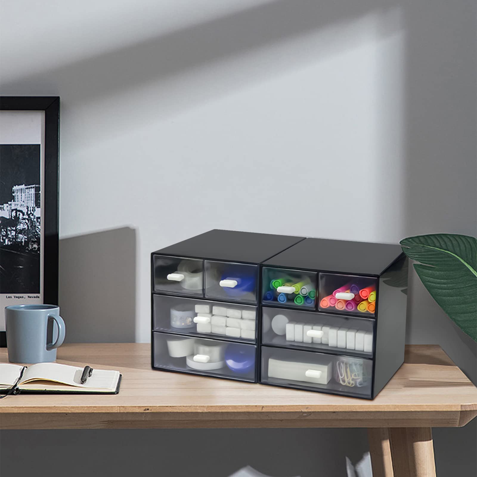 4-Drawer Black Plastic Desk Organizer with Storage Box | Office, School & Home Stationery Supplies | Perfect for Pencils, Pens, Paper Clips & Small Office Accessories